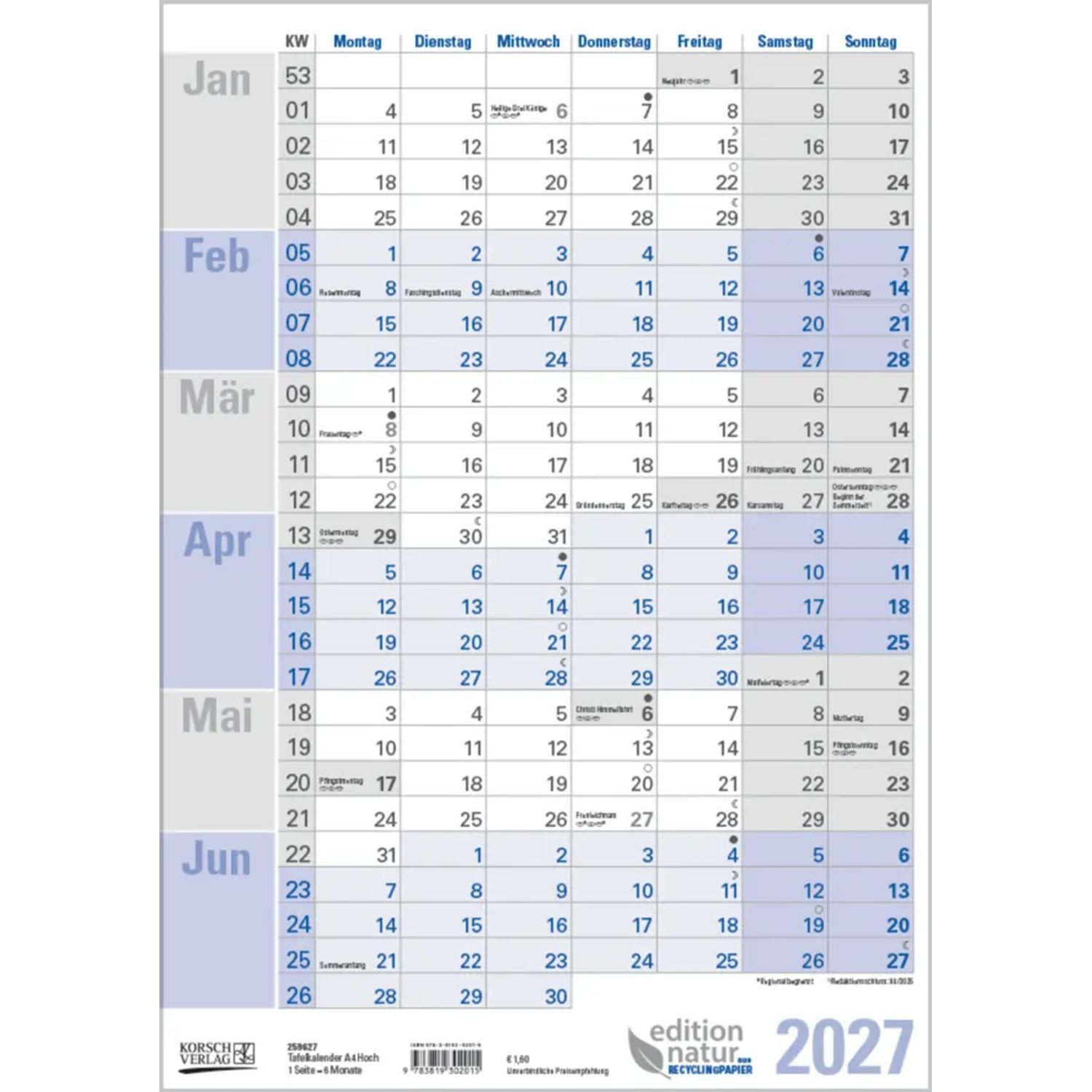 Korsch Verlag Wandkalender Tafelkal. A4 Hochformat 2027