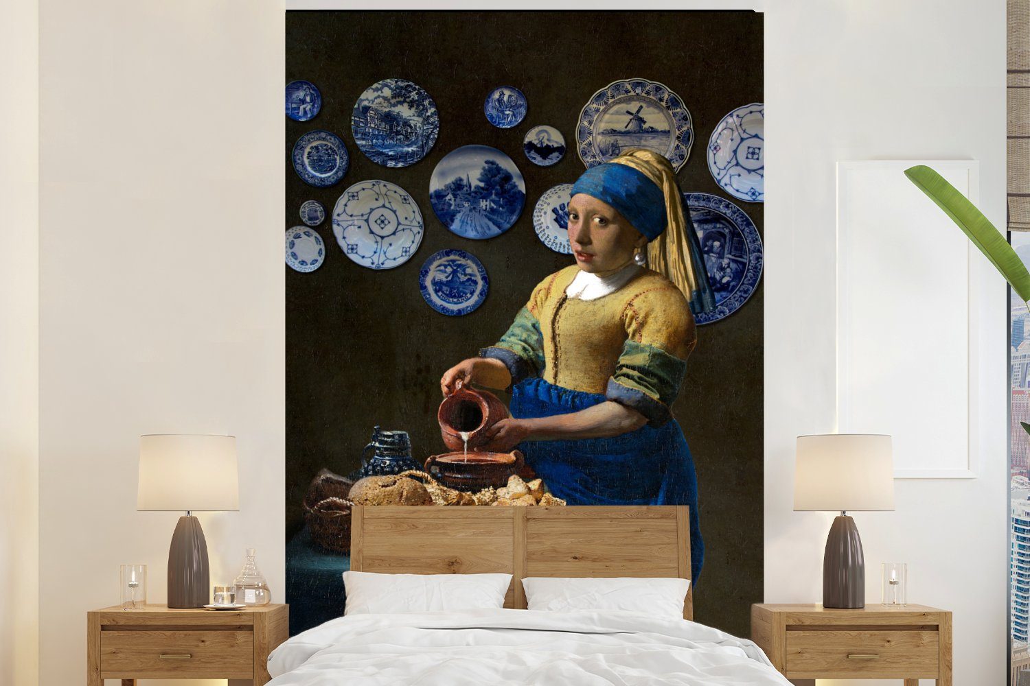 MuchoWow Fototapete Das Mädchen mit dem Perlenohrring - Milchmädchen - Vermeer, Matt, bedruckt, (3 St), Montagefertig Vinyl Tapete für Wohnzimmer, Wandtapete