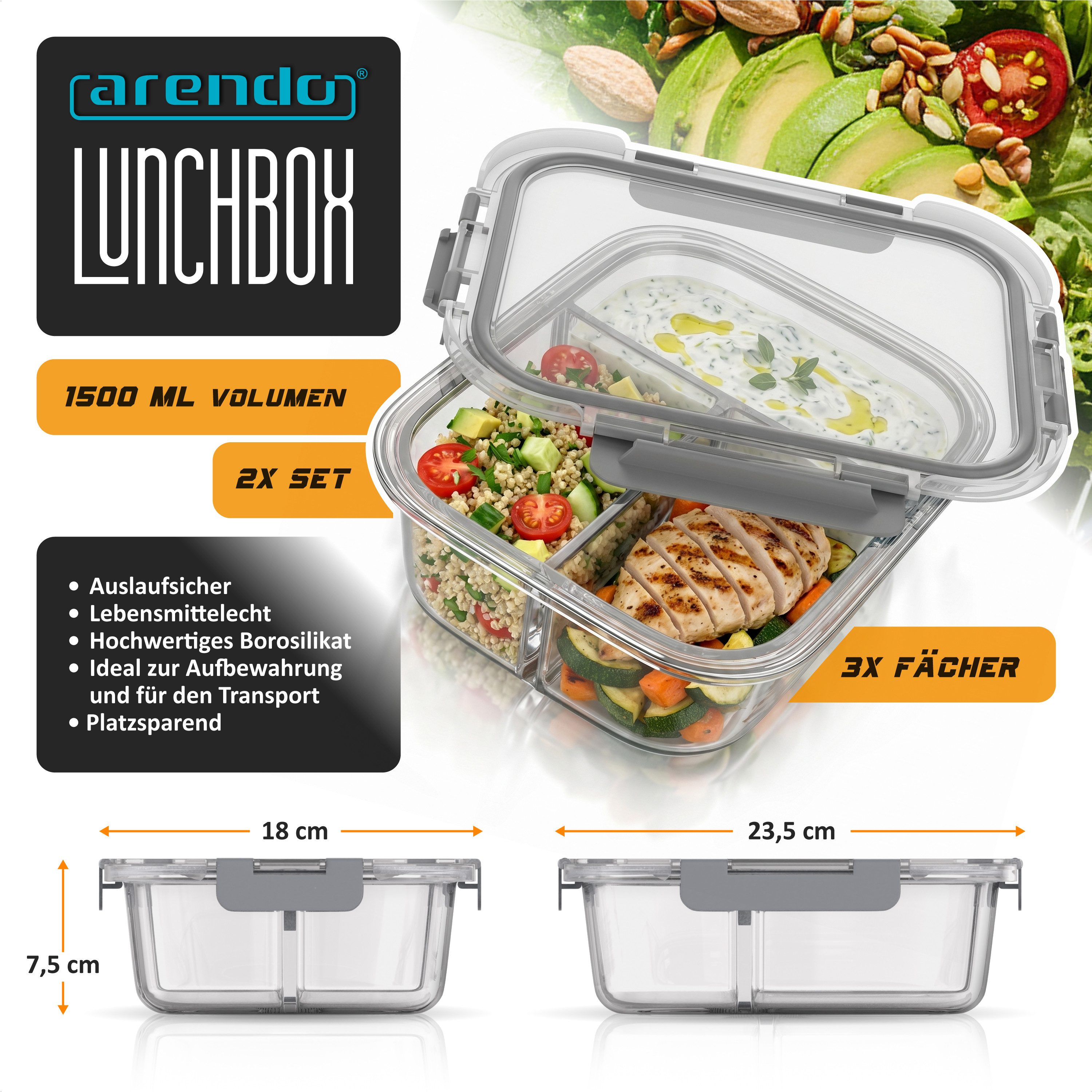 Arendo Frischhaltedose 2er Set Glas Vorratsdosen, 3 Fächer, Lunchboxen, auslaufsicher, Deckel, Borosilikatglas, (Set, 2-tlg., mit 3 Fächern), Mikrowellen, Ofen, Gefrier & spülmaschinengeeignet, Bento, Meal Prep
