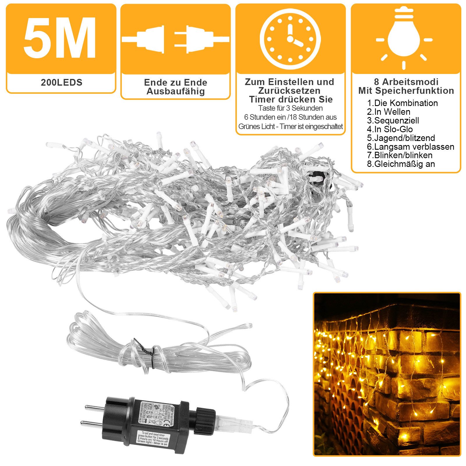 Rosnek LED-Lichterkette 31V, 5M, Anschließbar, Speicherfunktion, Timer, für Dach Fenster, wasserdicht, 8 Modi, Eiszapfen, für Weihnachten Hochzeit Haus