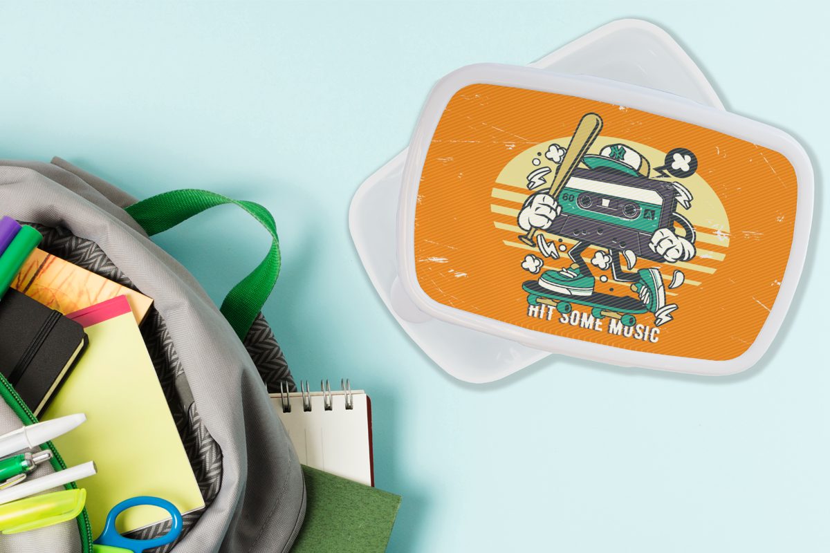 Kassettenkassetten - Lunchbox für und Vintage, Erwachsene, MuchoWow weiß Brotbox für Kunststoff, Brotdose, (2-tlg), - Kinder Jungs Mädchen Baseballschläger und