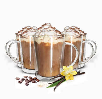 Sendez Thermoglas 4 Doppelwandige Gläser mit Henkel 360ml Latte Macchiato Trinkglas Kaffeegläser, Glas