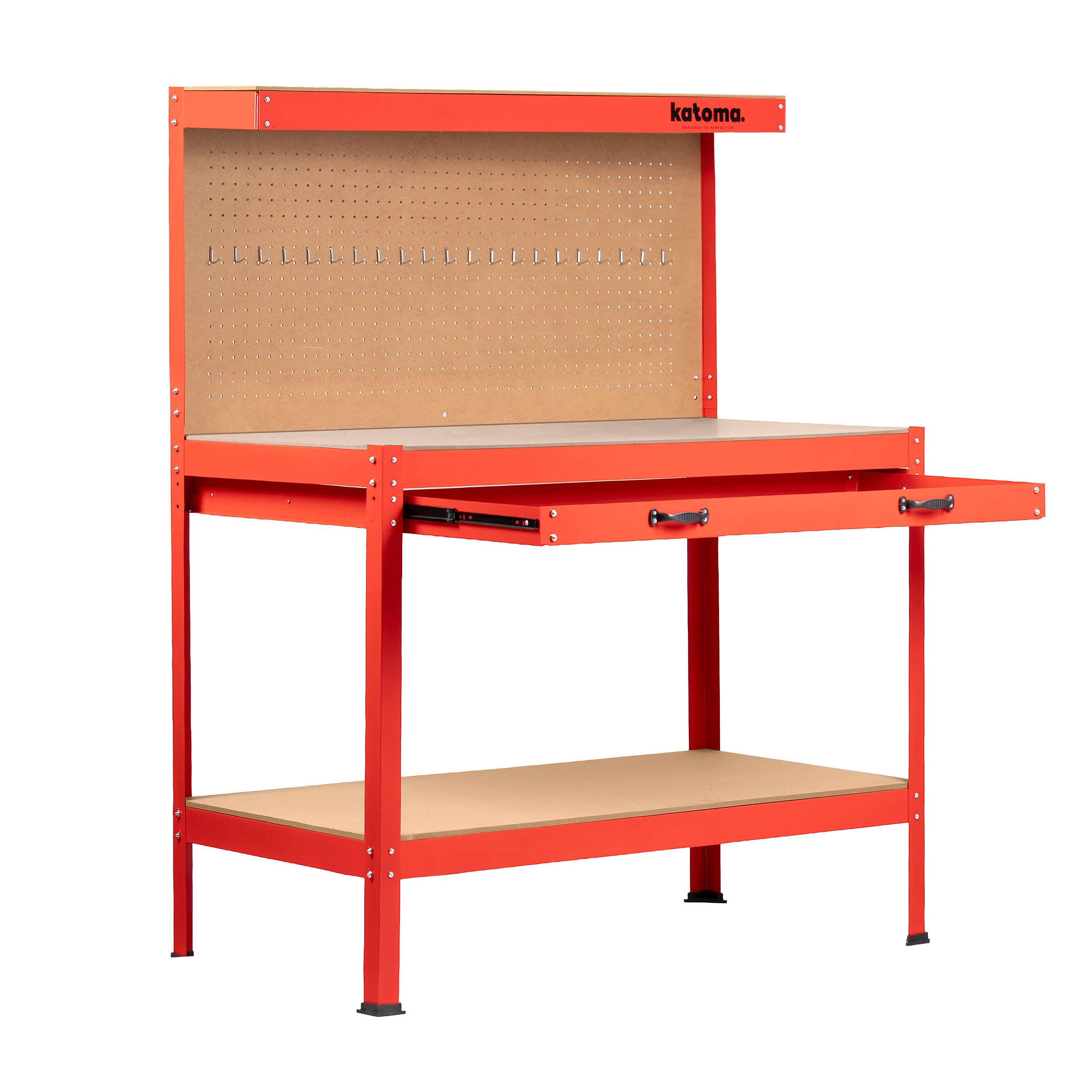 Katoma Werkbank WORK ONE Werkzeugbank 120 x 60 cm bis 200 kg, mit Lochwand, Haken und Schublade