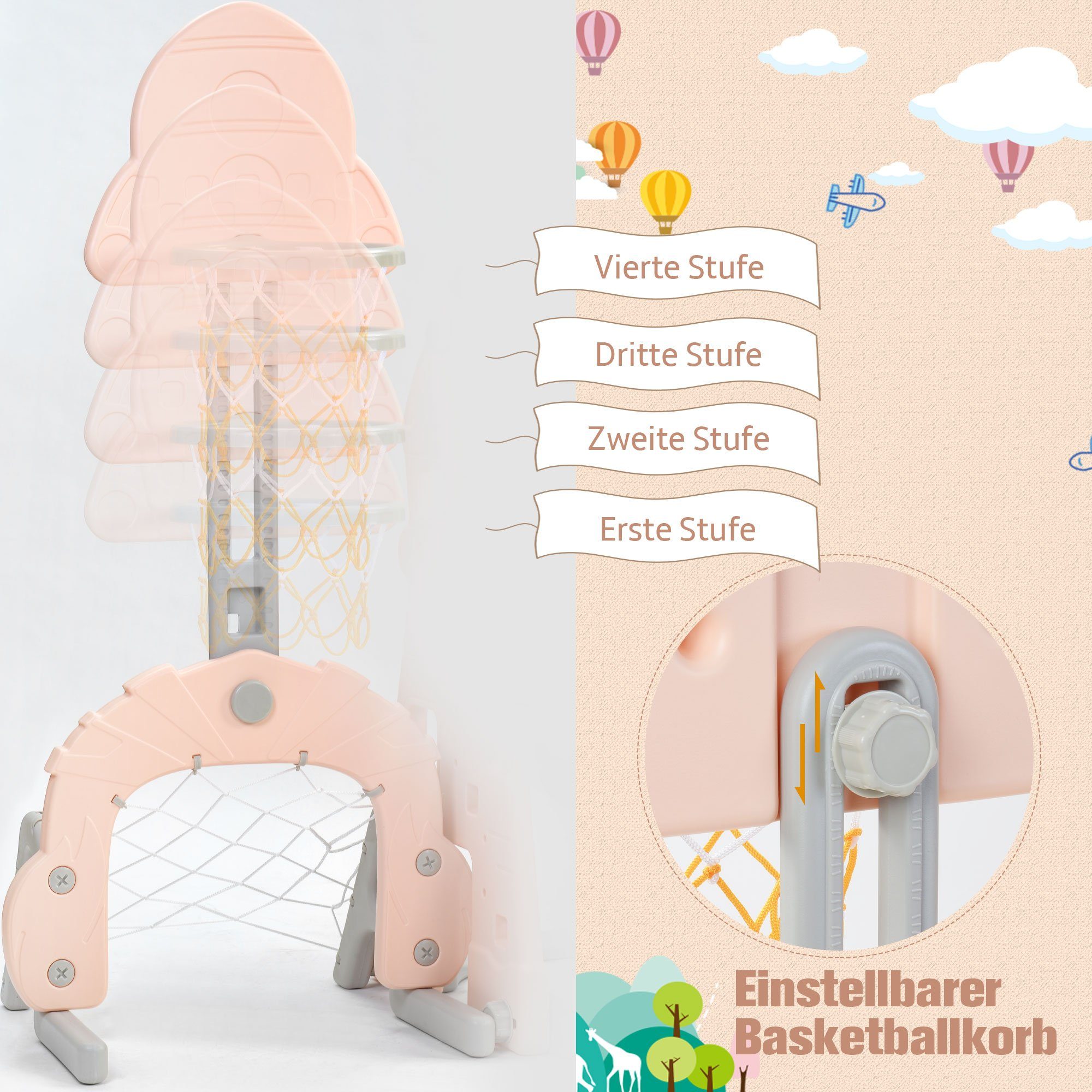 Rutsche, (Kleinkinderrutsche Gartenrutsche für 2-8 Jahre Kinder), Kinderrutsche mit Basketballkorb, Fußballtor, Schaukel und Kletterturm