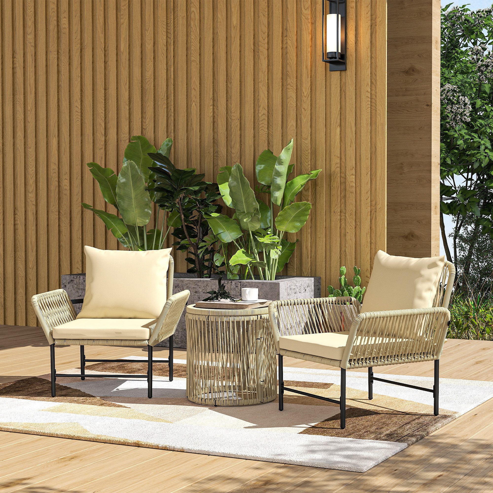Outsunny Sitzgruppe mit 2 Stühle, Beistelltisch, Sitzkissen, (Outdoor Balkonmöbel für 2 Personen, 3-tlg., Polyrattan Gartenmöbel Set), für Garten, Balkon, Khaki+Beige