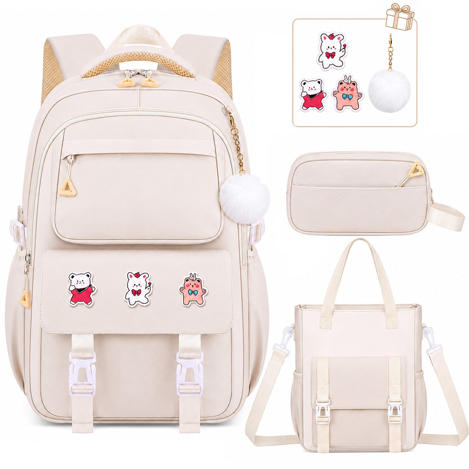 MOPUEA Schulrucksack Schulrucksack Set Leicht Ergonomisch Viele Fächer+Anhängern& Pins (Schulrucksack-Set mit Zubehör, Rucksack mit Tasche, Federmäppchen, Anhängern und Pins), Leicht, ergonomisch, atmungsaktiv, viele Fächer, reflektierend