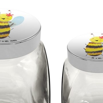 Mr. & Mrs. Panda Vorratsglas XL 2000ml Biene Happy - Weiß - Geschenk, Gewürzdose, Hummel, Wespe, K, Premium Glas, (1-tlg), Stilvoll & Praktisch
