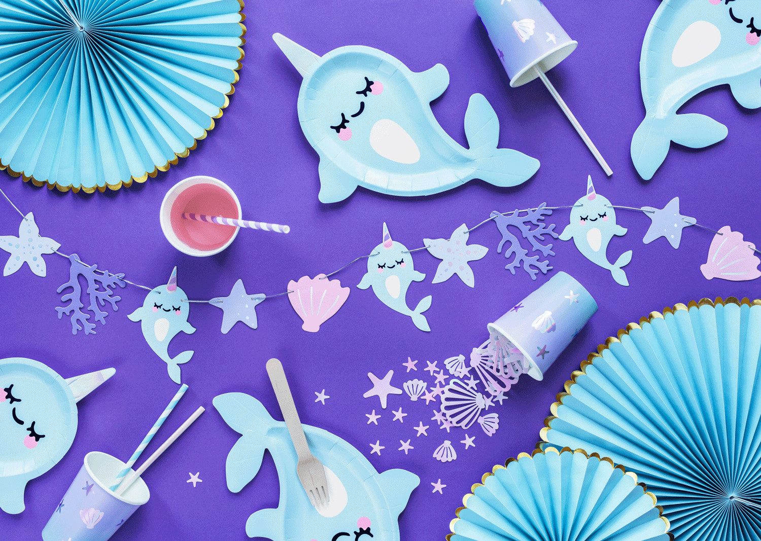 partydeco Wimpelkette, Girlande Papier DIY Narwal / Meerestiere 1m