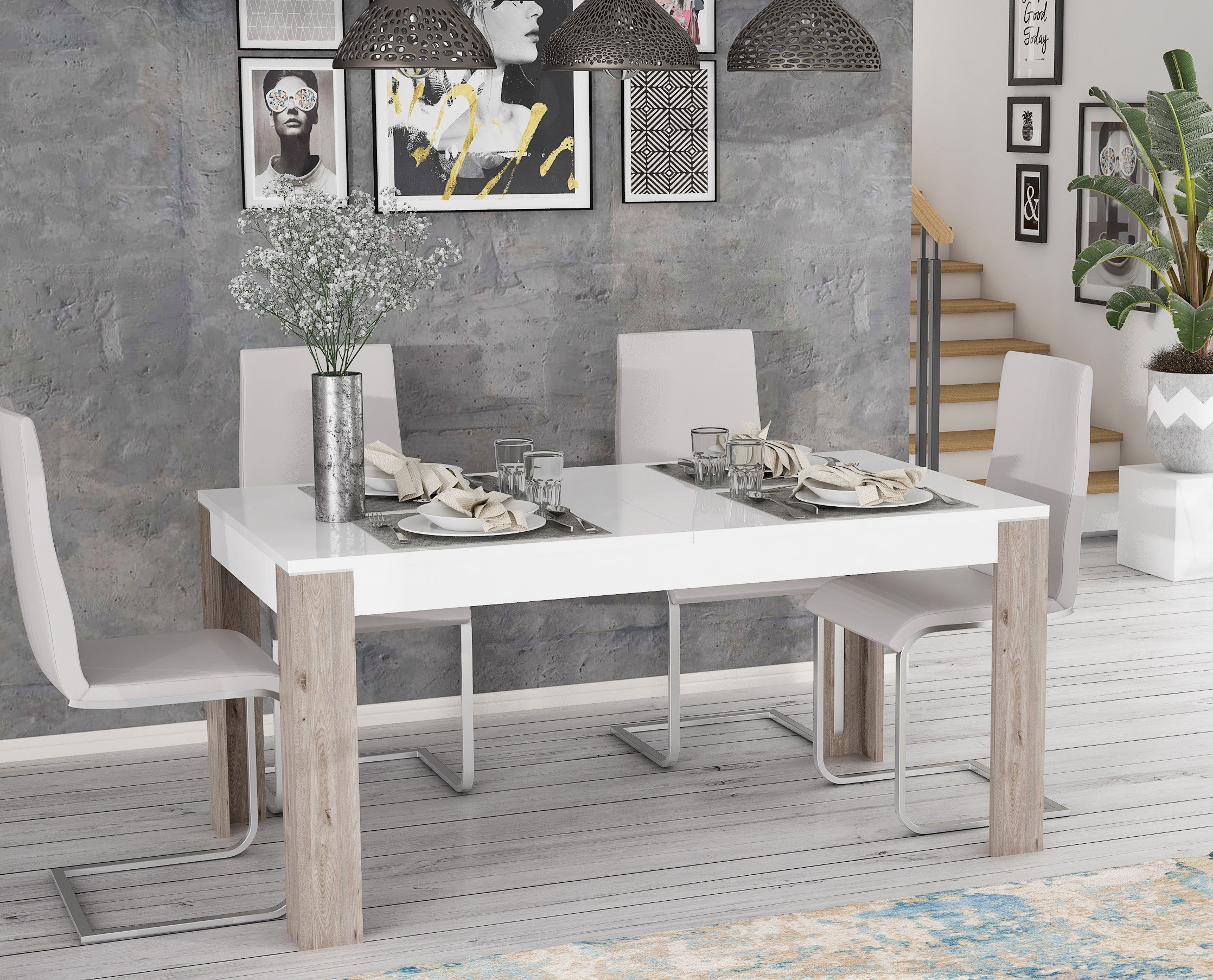 Newroom Esstisch Pouline, Esstisch Nelson Eiche und Weiß Hochglanz Modern Ausziehbar Tisch | Esstische