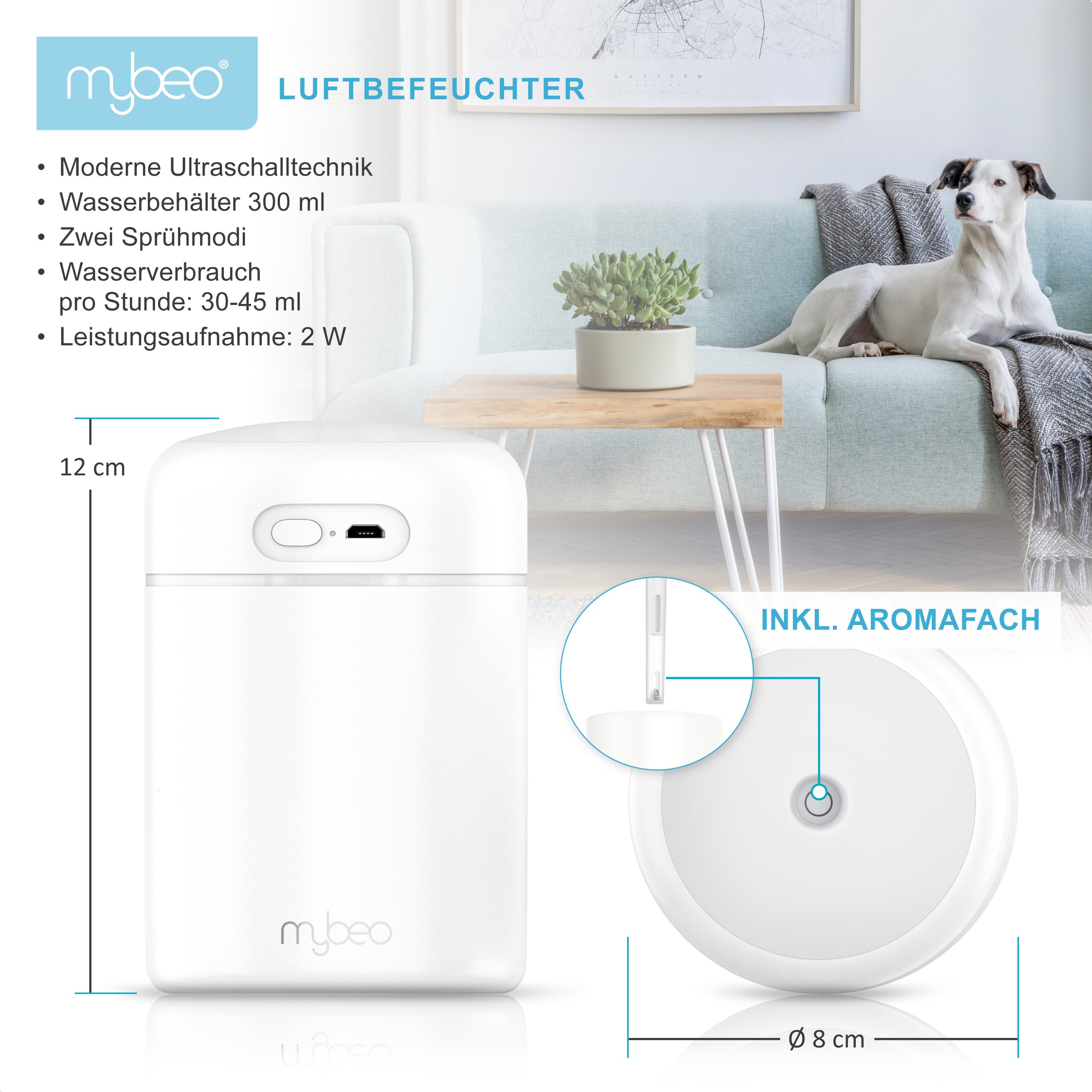 MyBeo Luftbefeuchter Mini mit Aromadiffusor, 300 ml, 2 Sprühmodi, LED-Farbe günstig online kaufen