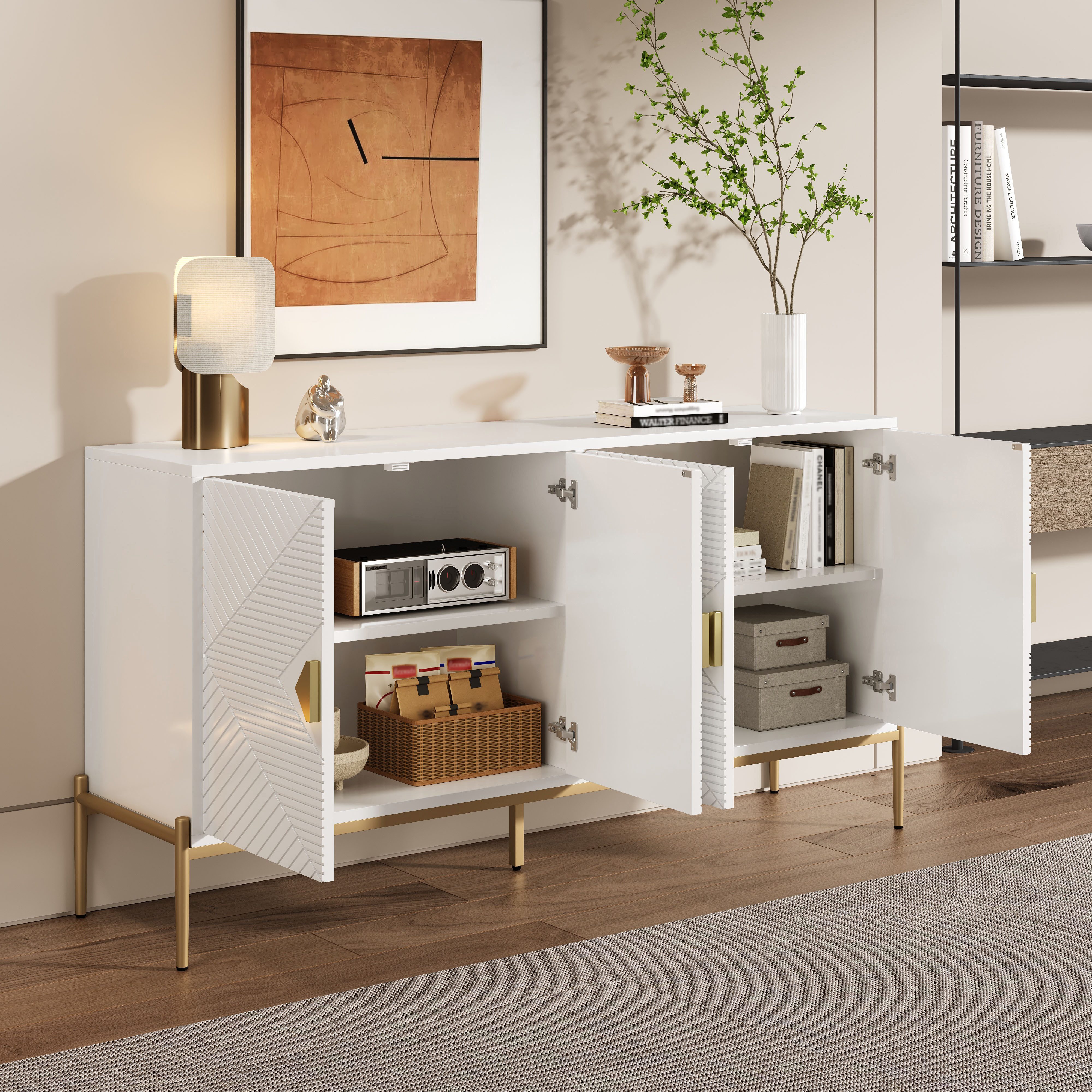 STILVORA Sideboard mit Metallbeine,Beistellschrank Aufwahrungsschrank mit goldenen Griff (Kommode, Buffetschrank, Wohnzimmerschrank, 1 St., 162 x 40 x 80 cm), Goldene Griffe und Metallbeine