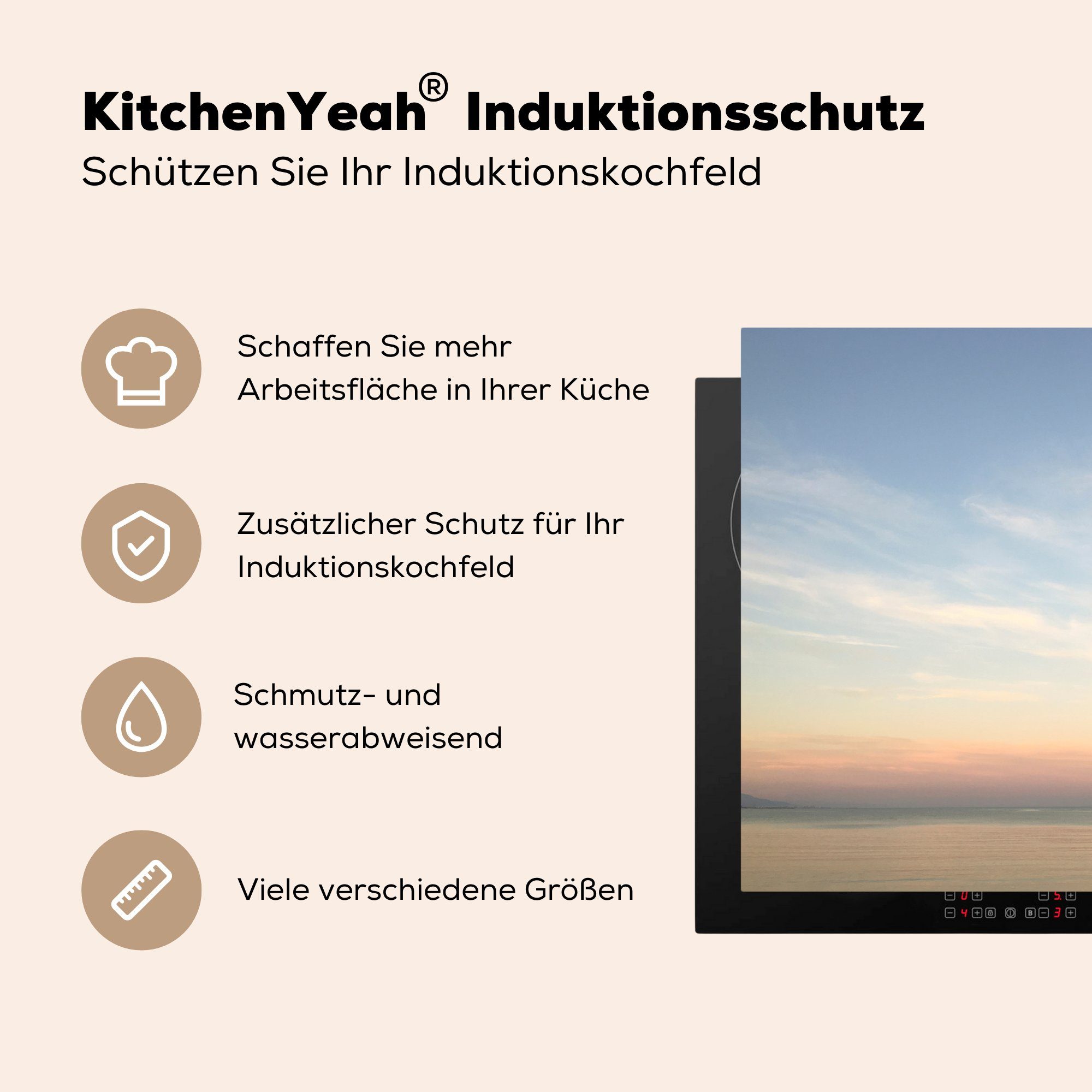 - Arbeitsfläche tlg), Sonne, nutzbar, Herdblende-/Abdeckplatte MuchoWow Vinyl, Pflanzen cm, (1 70x52 Mobile - Meer Ceranfeldabdeckung