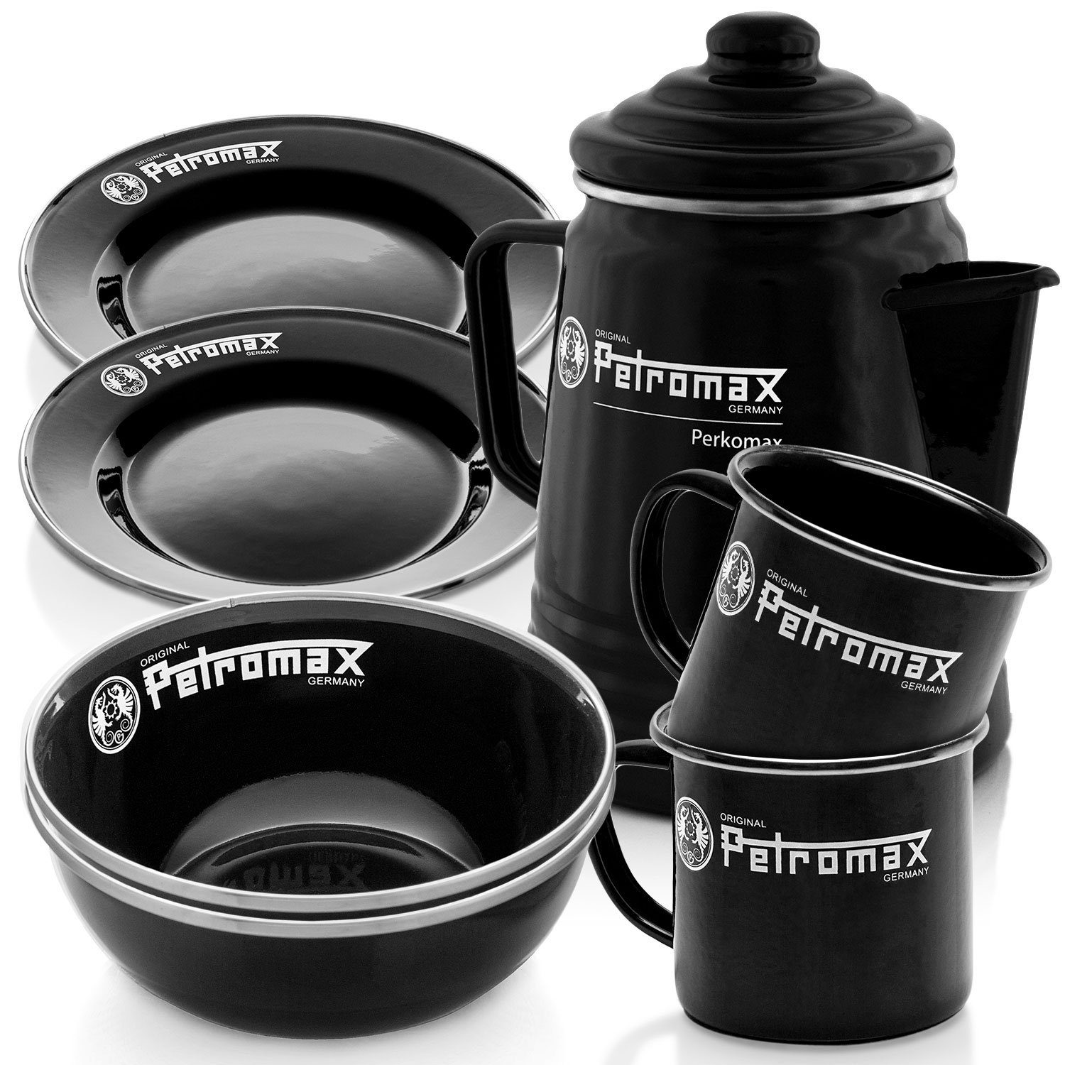 Petromax Perkolator Outdoor Geschirr-Set Perkolator+Becher+Schüssel+Teller in schwarz, 7 teilig Vorteils-Set | Perkolatoren