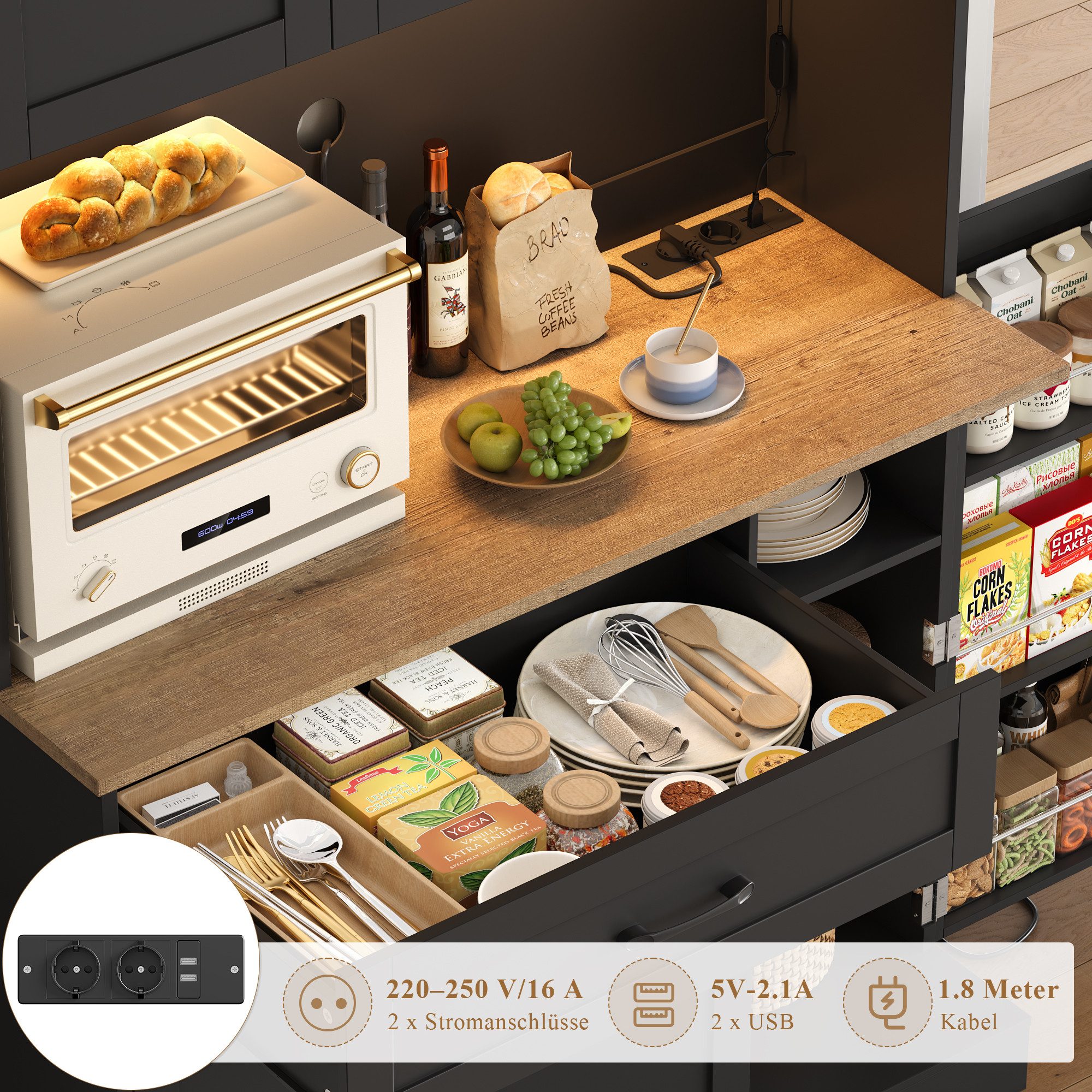 Homfa Küchenbuffet Küchenbuffet mit LED Küchenschrank Buffetschrank Sideboard weiß mit Steckdosenleiste & Arbeitsplatte 180,5x100x38,6cm