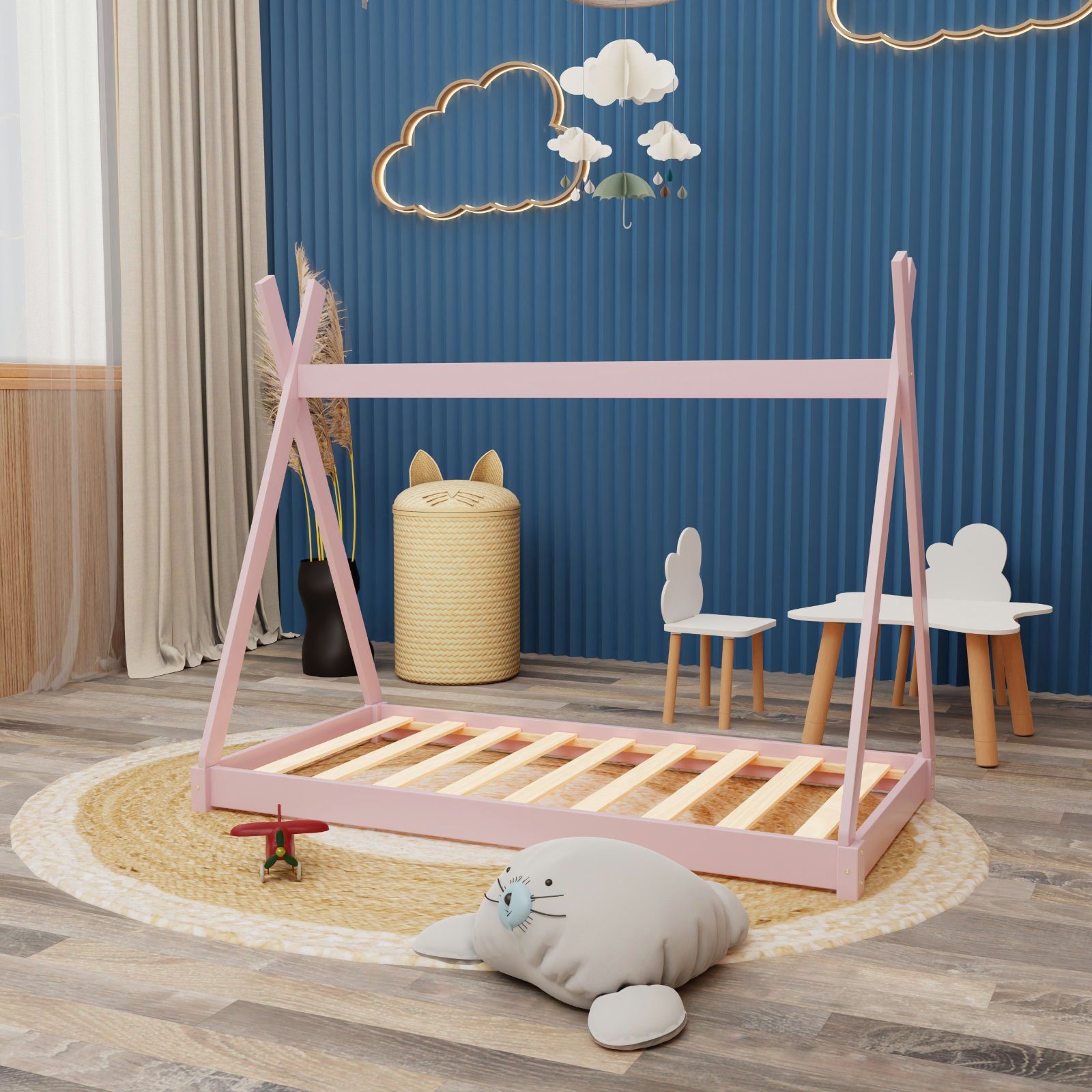HAGO Kinderbett Montessori Kinderbett 140x70cm rosa Tipi Spielbett Zeltform Holz boden