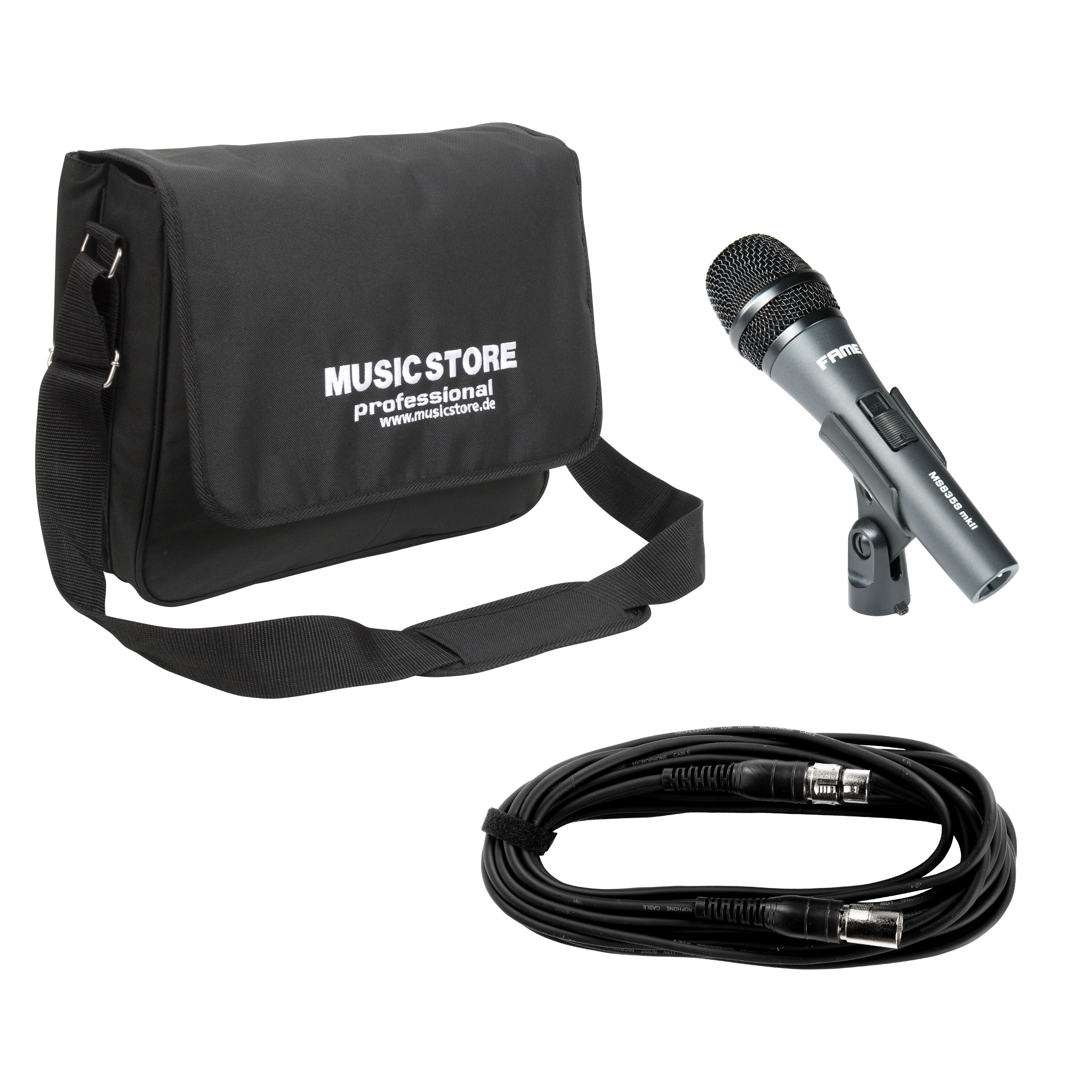 FAME Mikrofon (Audio MS 835S MKII Basic 2 Vocal Gesang Mikrofon Set Dynamisch Niere Handmikrofon 60-14000Hz inkl. Klemme Mikrokabel Platinum XLR 5m Notebook Tasche), Audio MS 835S MKII Basic 2, Dynamisches Gesangsmikrofon, Mikrofonset