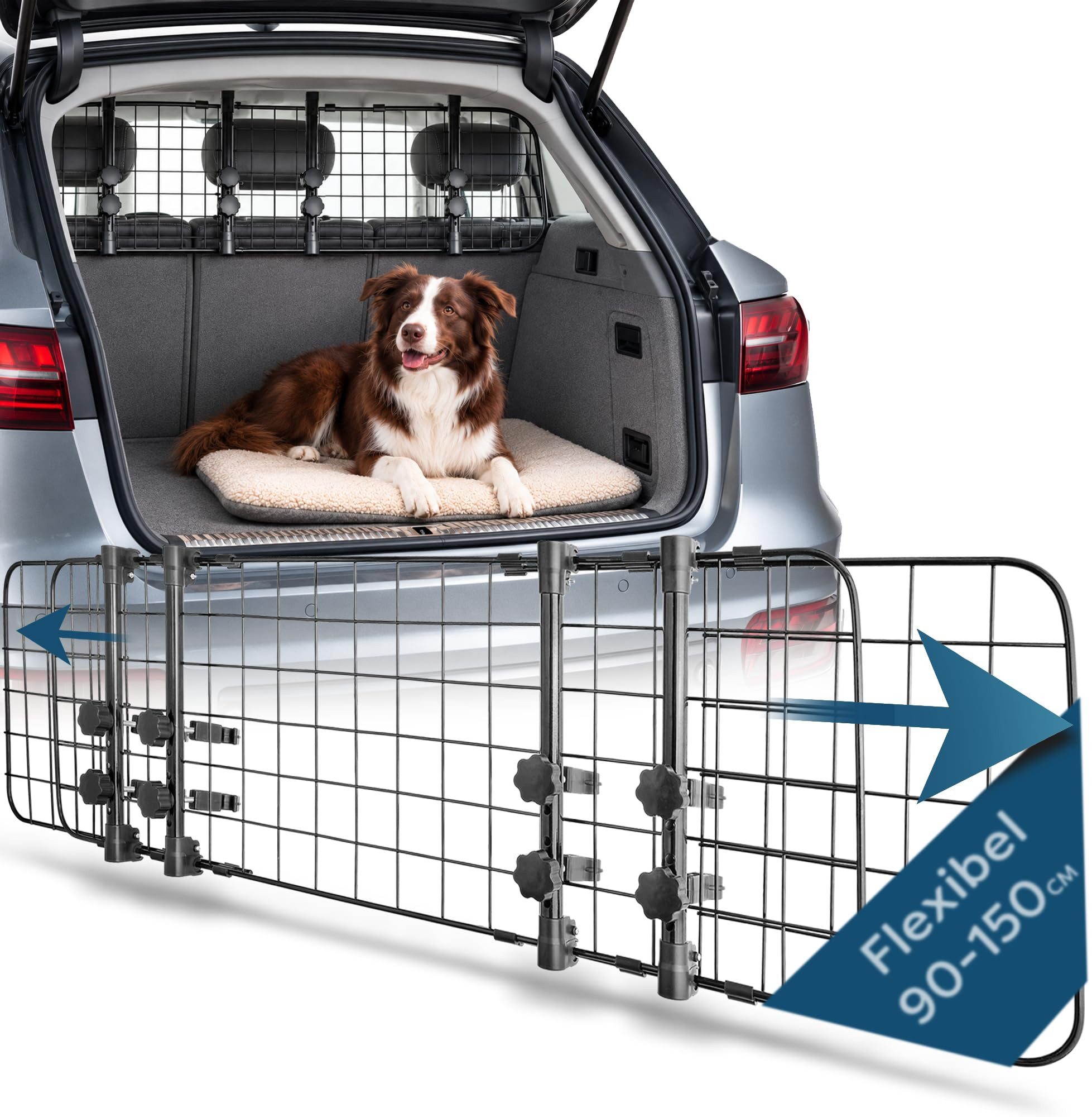 Knupis Trenngitter Hundegitter Auto Kofferraum verstellbar 91-153 cm für Kombi SUV & Van, Universelle Passform und extra sicherer Halt mit …
