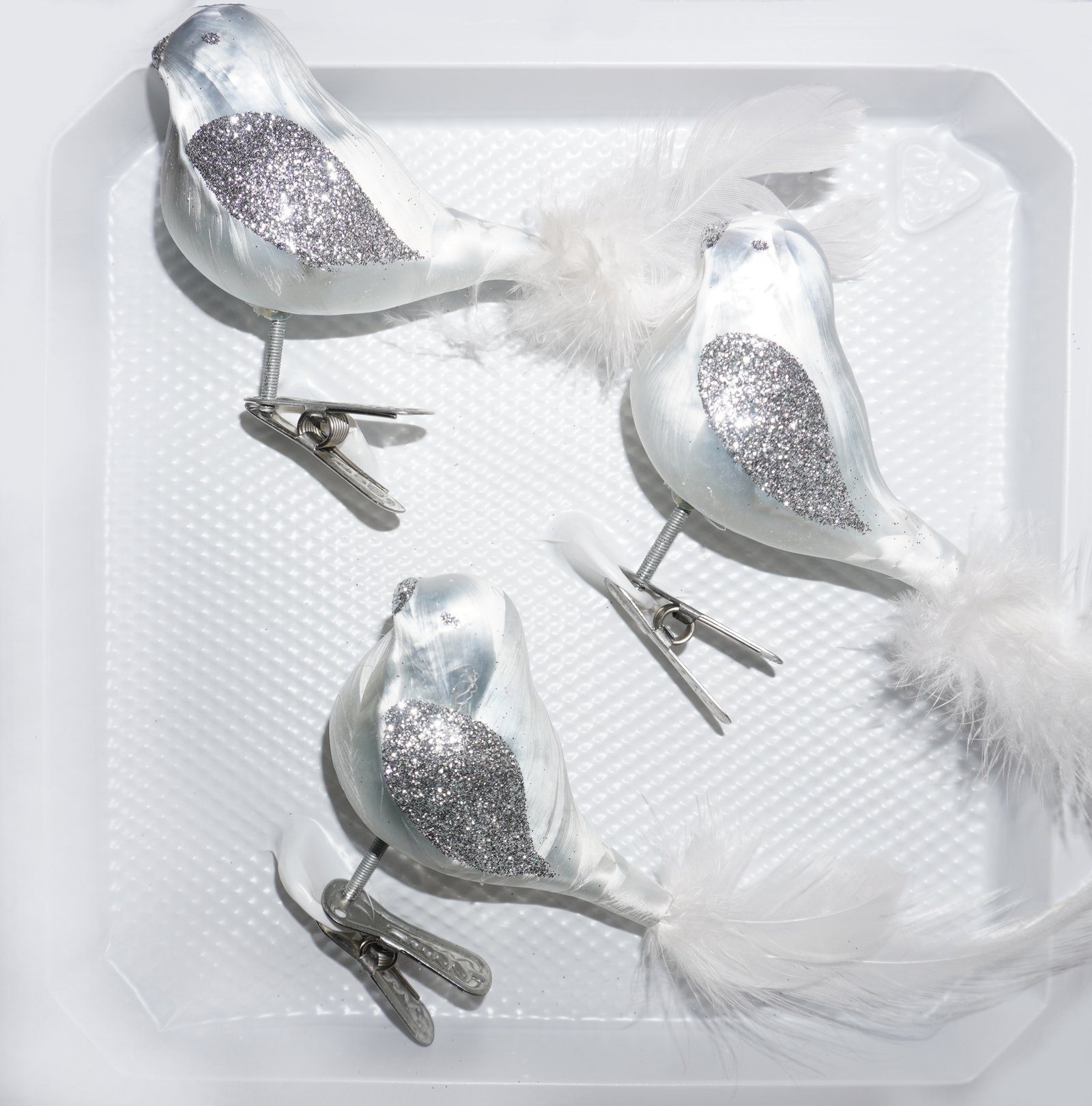 Navidacio Christbaumschmuck 3 tlg. Glas Vogel Set in "Ice Weiss Silber"