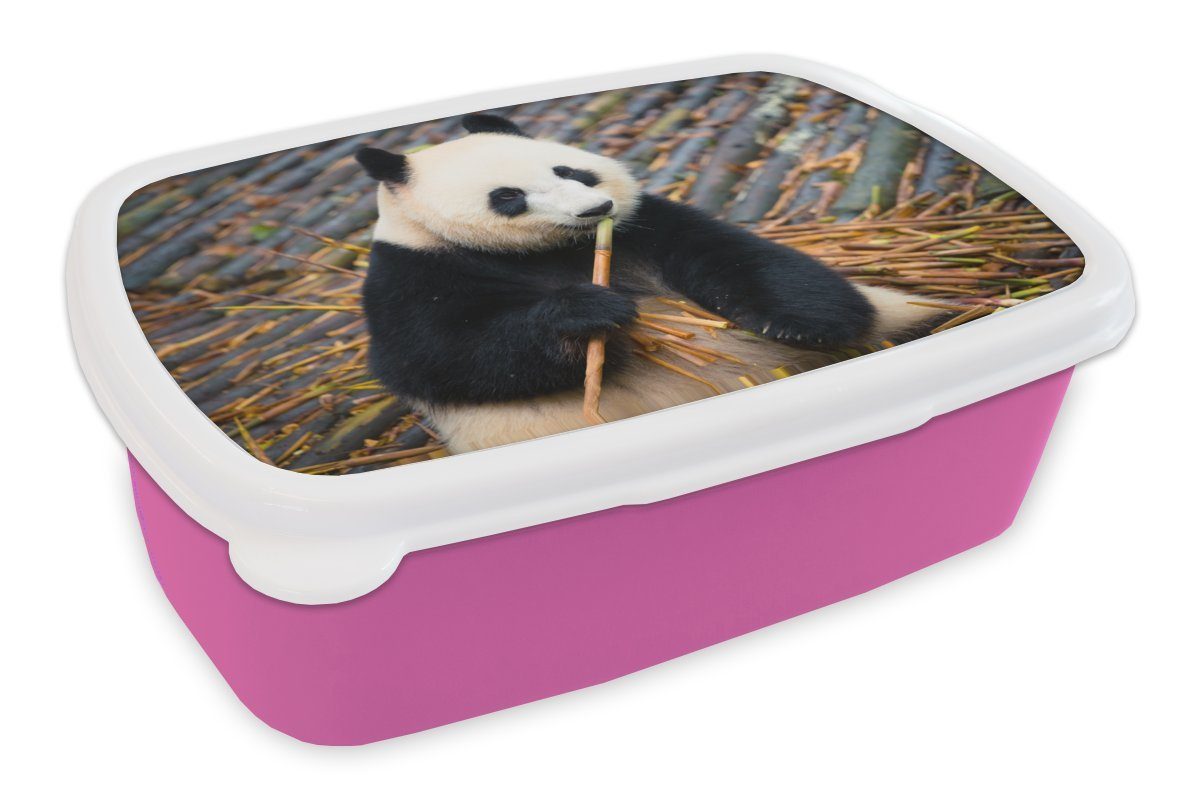MuchoWow Lunchbox Großer Panda - Bambus - Blätter, Kunststoff, (2-tlg), Brotbox für Erwachsene, Brotdose Kinder, Snackbox, Mädchen, Kunststoff rosa