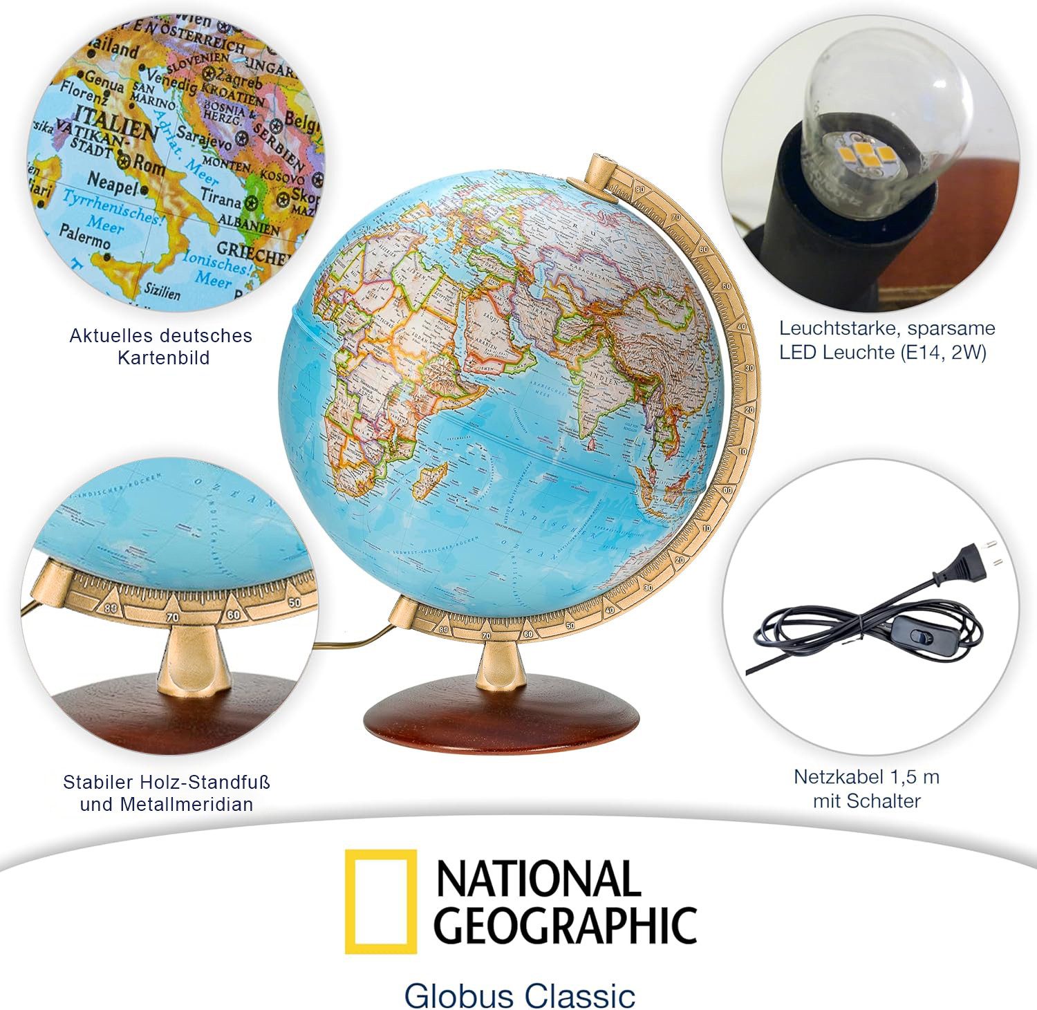 Interkart Landkarten & Globen GmbH Globus National Geographic Leuchtglobus 30 cm mit Holzfuß, Originales National Geographic Kartenbild