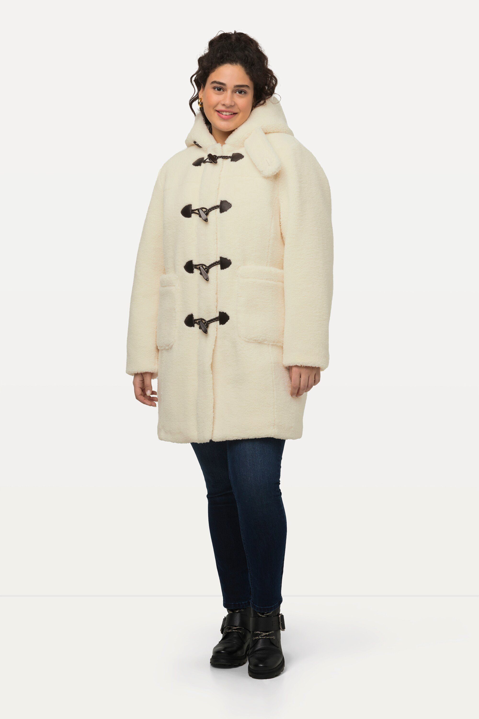 Ulla Popken Wintermantel Teddy-Dufflecoat Kapuze Knelbelknöpfe günstig online kaufen