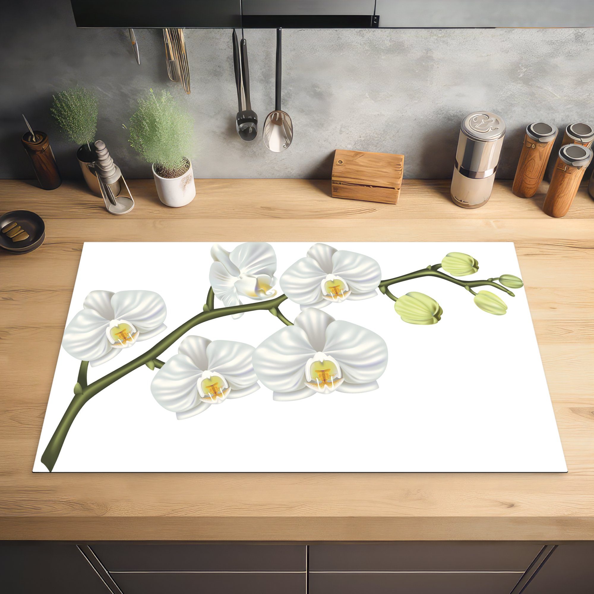 MuchoWow Herdblende-/Abdeckplatte Eine Illustration tlg), weißen Ceranfeldabdeckung, Vinyl, Arbeitsplatte für Orchidee, einer cm, (1 83x51 küche
