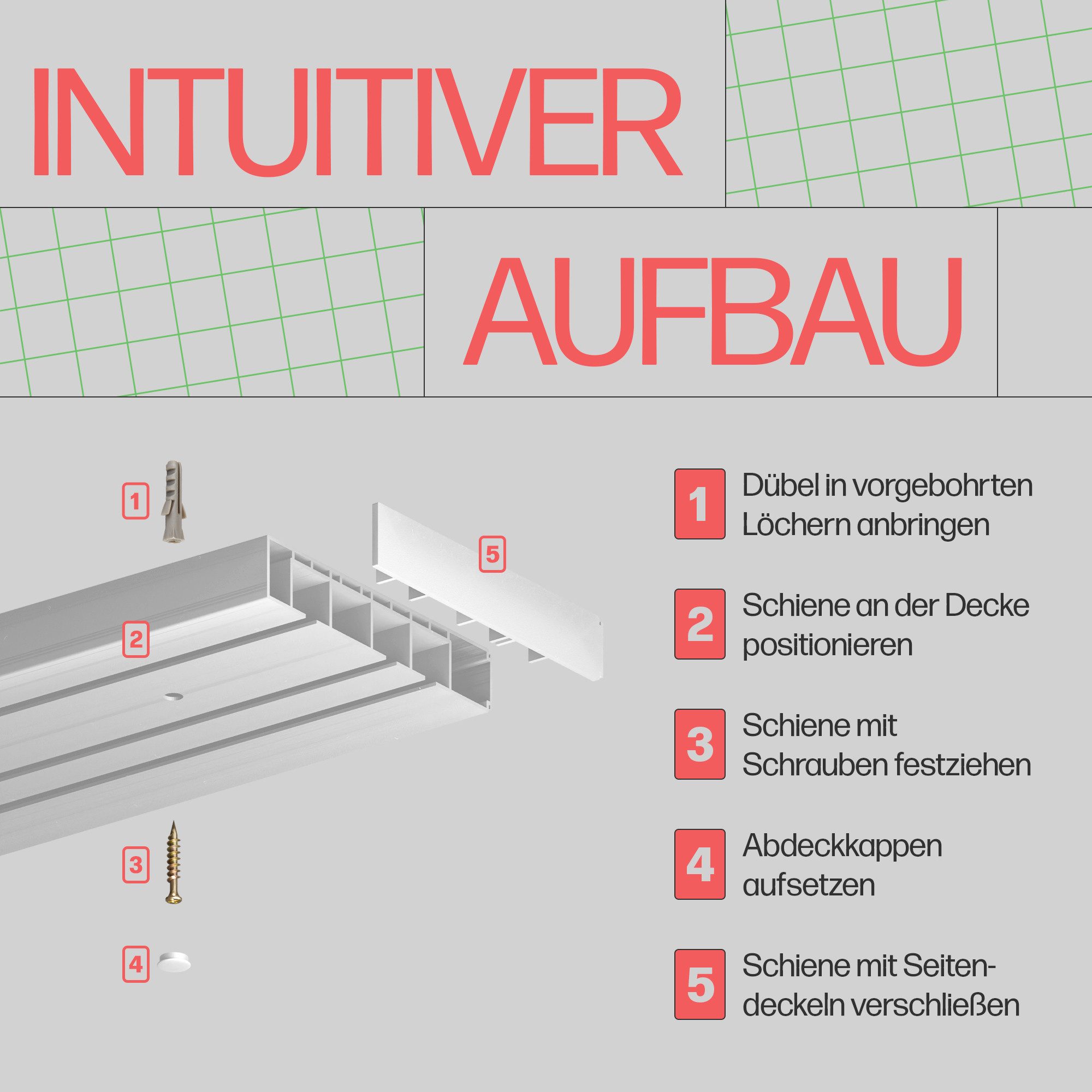Bestlivings Gardinenschiene Komplettset bis 500cm, 2-läufig, 2x100cm, mit Bohren, verschraubt, Kunststoff, weiß, inkl. Befestigungsset, Zwischenfesteller, Gardi – Bild 4 von 5
