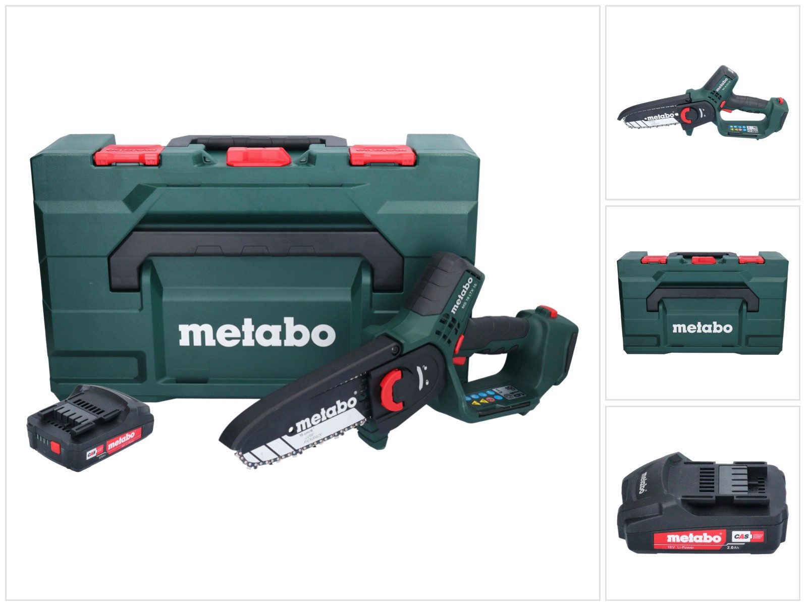 metabo Akku-Kettensäge MS 18 LTX 15 Akku Gehölzsäge 18 V 15 cm 5 m/s + 1x Akku 2 Ah + metaBOX