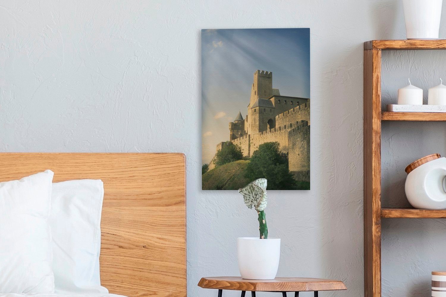 Schloss, cm - bespannt Gemälde, inkl. - OneMillionCanvasses® Carcassonne Leinwandbild Sonne 20x30 (1 St), Leinwandbild fertig Zackenaufhänger,