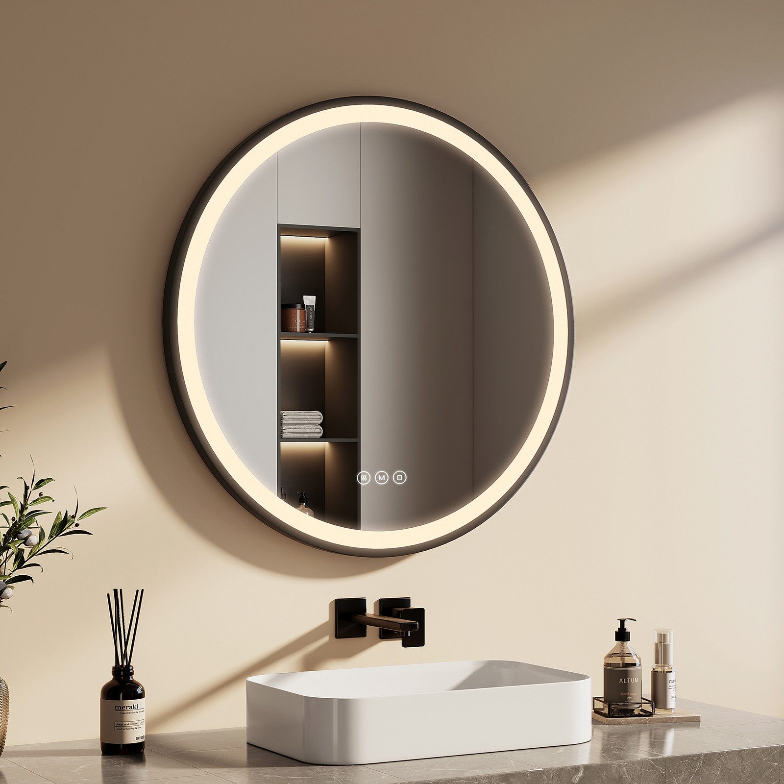 EMKE Badspiegel mit Beleuchtung Rund Badezimmerspiegel schwarzem Rahmen (50-80cm, Touchschalter), Dimmbar Warmweißes/Kaltweißes/Neutrales Licht Antibeschlag, IP44