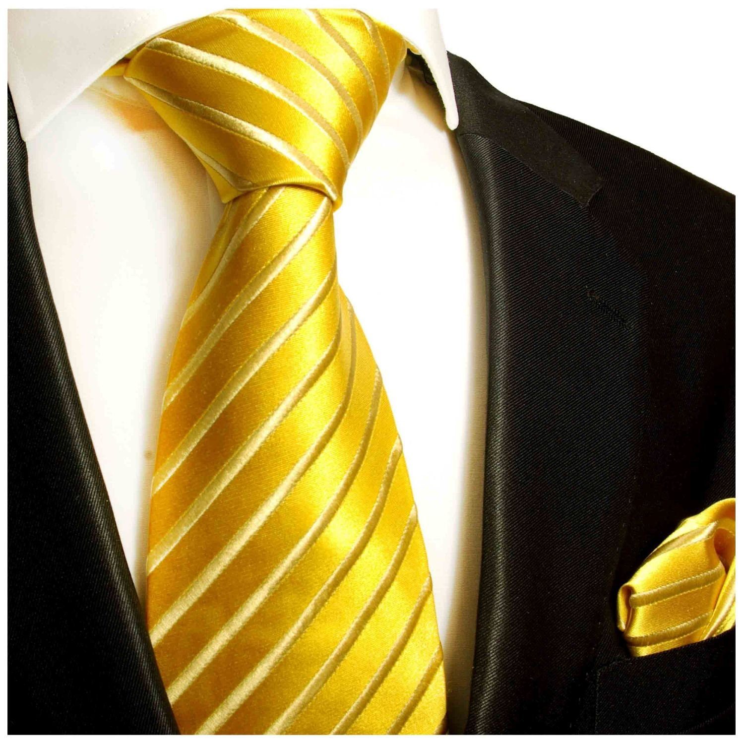 Paul Malone Krawatte Seidenkrawatte und Tuch Herren Schlips modern uni gestreift 100% Seide (Set, 2-St., Krawatte mit Einstecktuch) Breit (8cm), gold 681