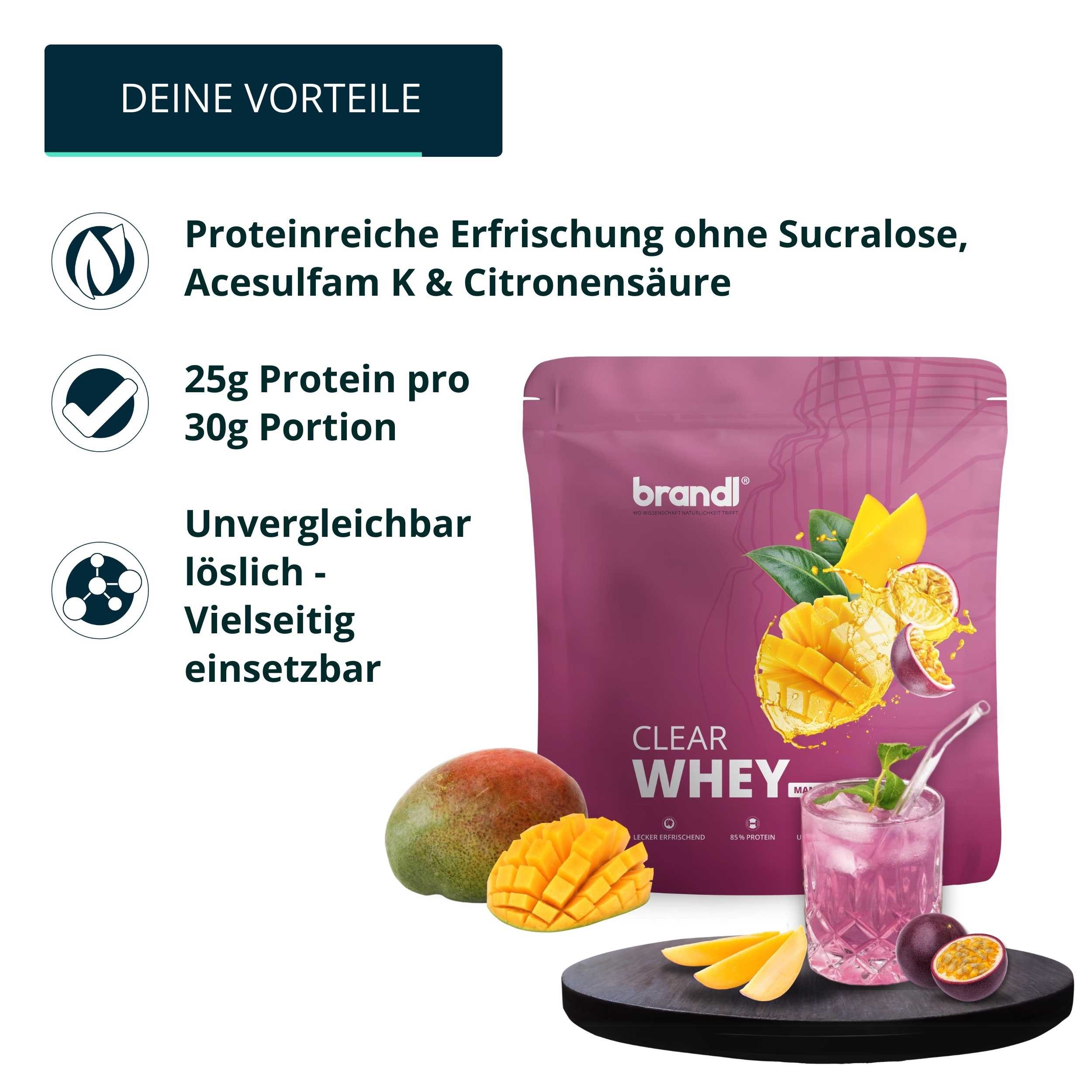 Brandl Nutrition Clear Whey Isolate - 80% Eiweiß Pulver, Whey Protein ohne Sucralose Pulver, 1 er 1 St., Proteinpulver mit natürlichem high Protein, made in Germany