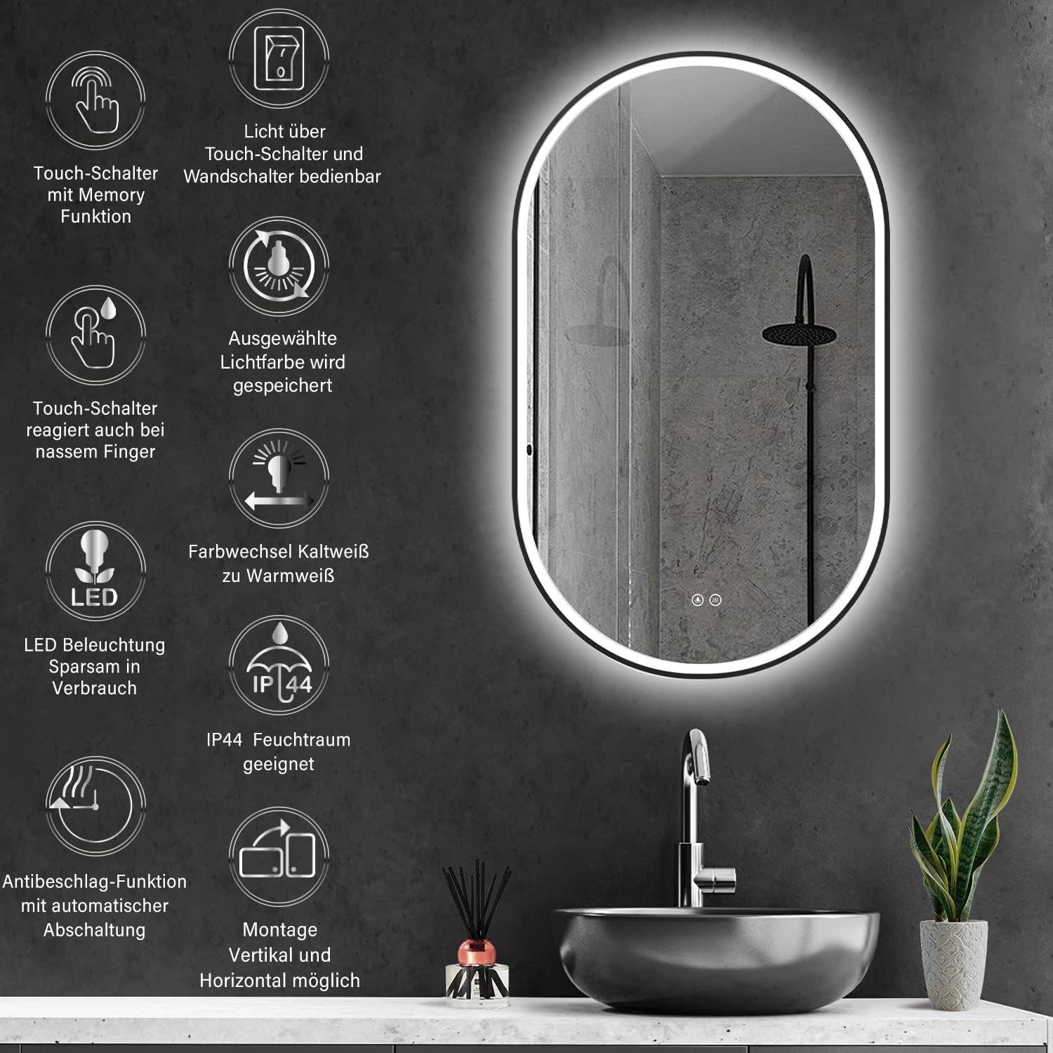 HOKO Badspiegel LED Design LED (Warmweiß HD und Wandschalter mit Wandspiegel Touch mit Oval - Licht 4mm Kaltweiß Memory-Funktion.IP44, + Neutral. Schalter - Glass) einschaltbar. Wechsel Antibeschlag