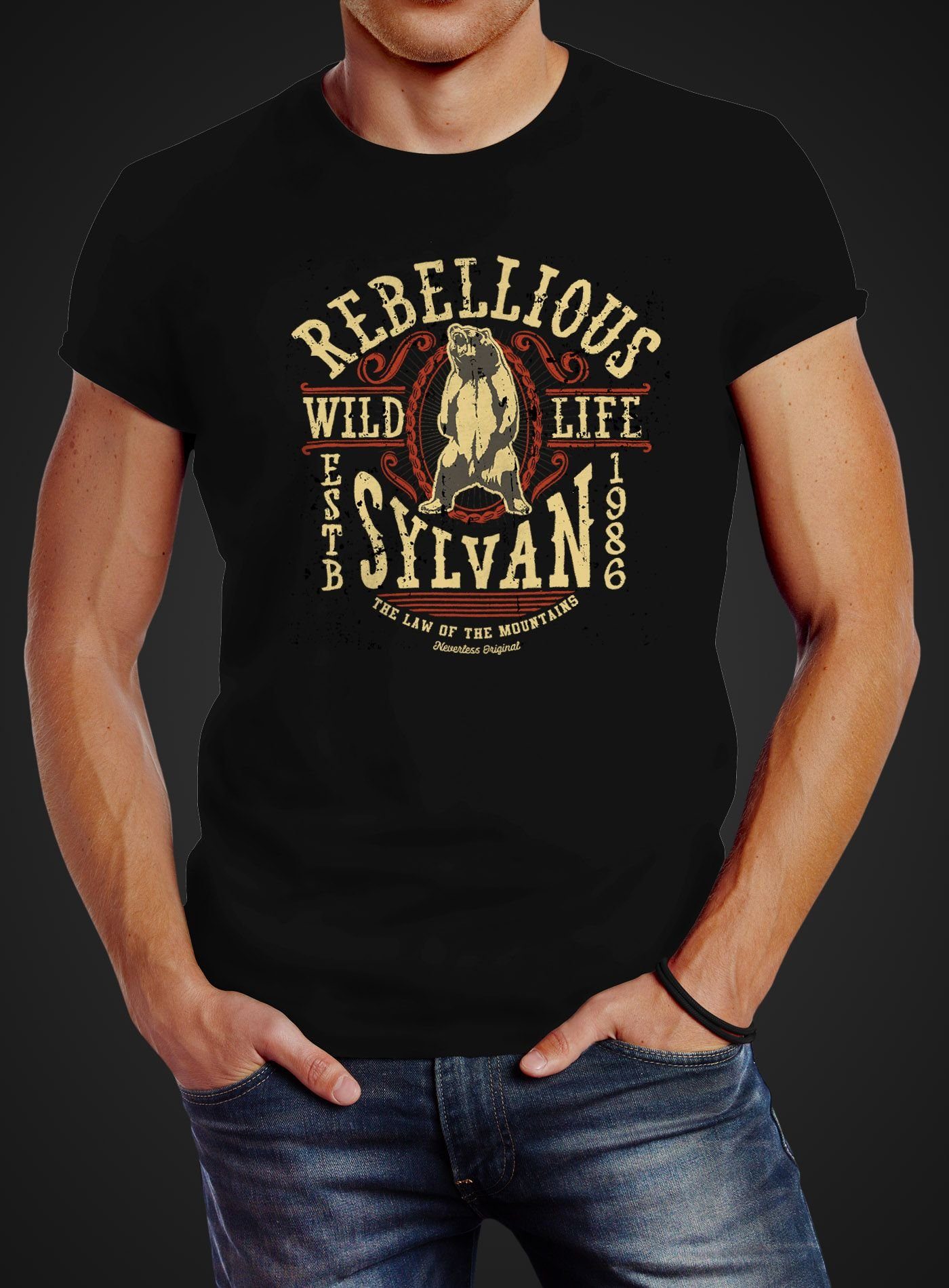 Vintage Logo Fit mit Sylvan Style Print Rebellious Print College Print-Shirt Neverless Neverless® Herren T-Shirt Grizzlybär Bear Slim