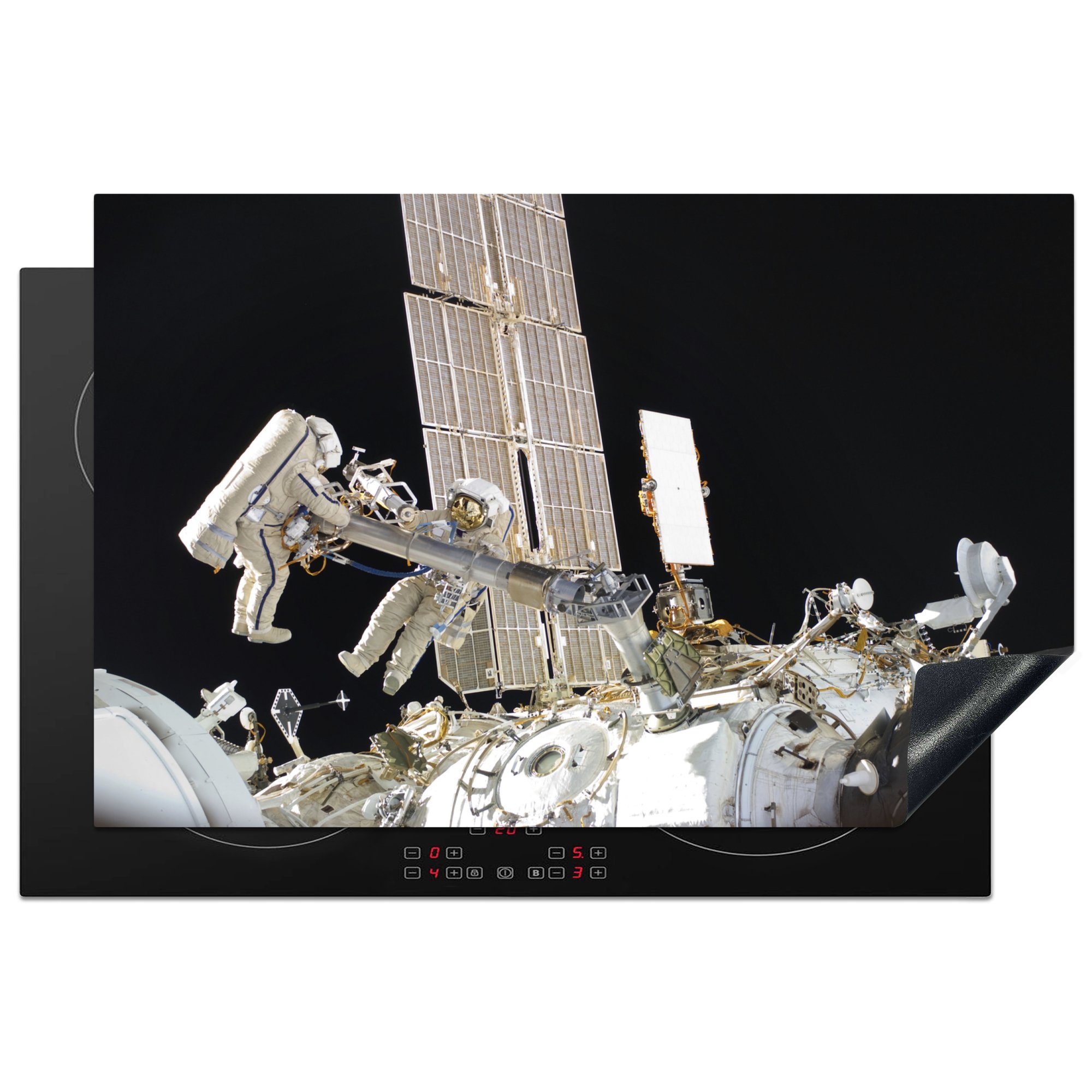 MuchoWow Herdblende-/Abdeckplatte Astronauten - Satellit - Schwarz, Vinyl, (1 tlg), 81x52 cm, Induktionskochfeld Schutz für die küche, Ceranfeldabdeckung