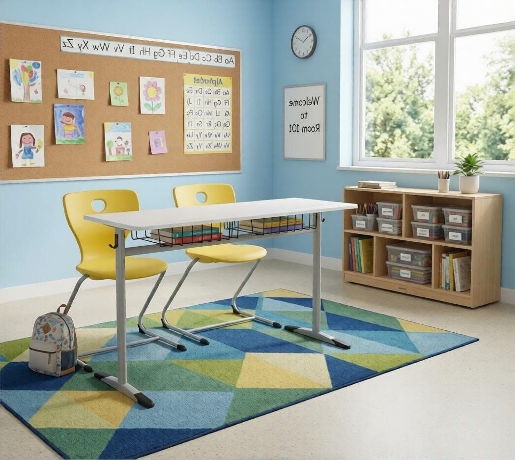 Xlmoebel Schreibtisch Ergonomisches Schulset in Grau mit gelbem Doppelsitzstuhl (Schulset, 3-St., Schulset 1 Tisch, 2 Stühle), Made in Europa