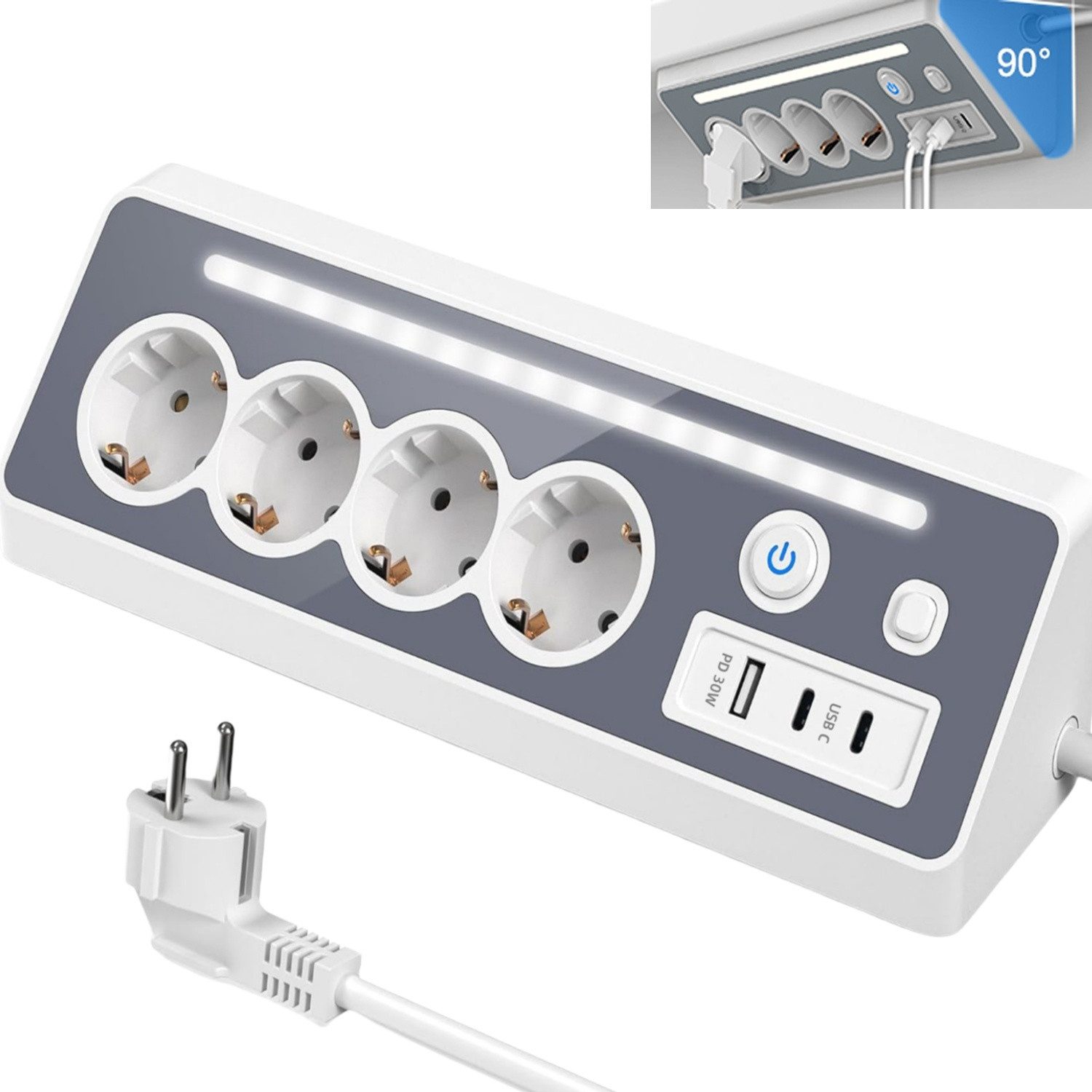 OYLCDI Электрические полосы Eck-Steckdosenleiste PD-Schnellaufladung 7 Fach Mehrfachsteckdose 7-fach (Ein- / Ausschalter, USB-Anschlüsse, 1,5M Verlängerungskabel, 3680W 16A,USB PD 30W, Überlastschutz, Überspannungsschutz, Blitzschutz, Kurzsichlussschutz, Kinderschutz), mit USB, Type-C und LED Licht, für Küche Büro Schlafzimmer Wohnzimmer