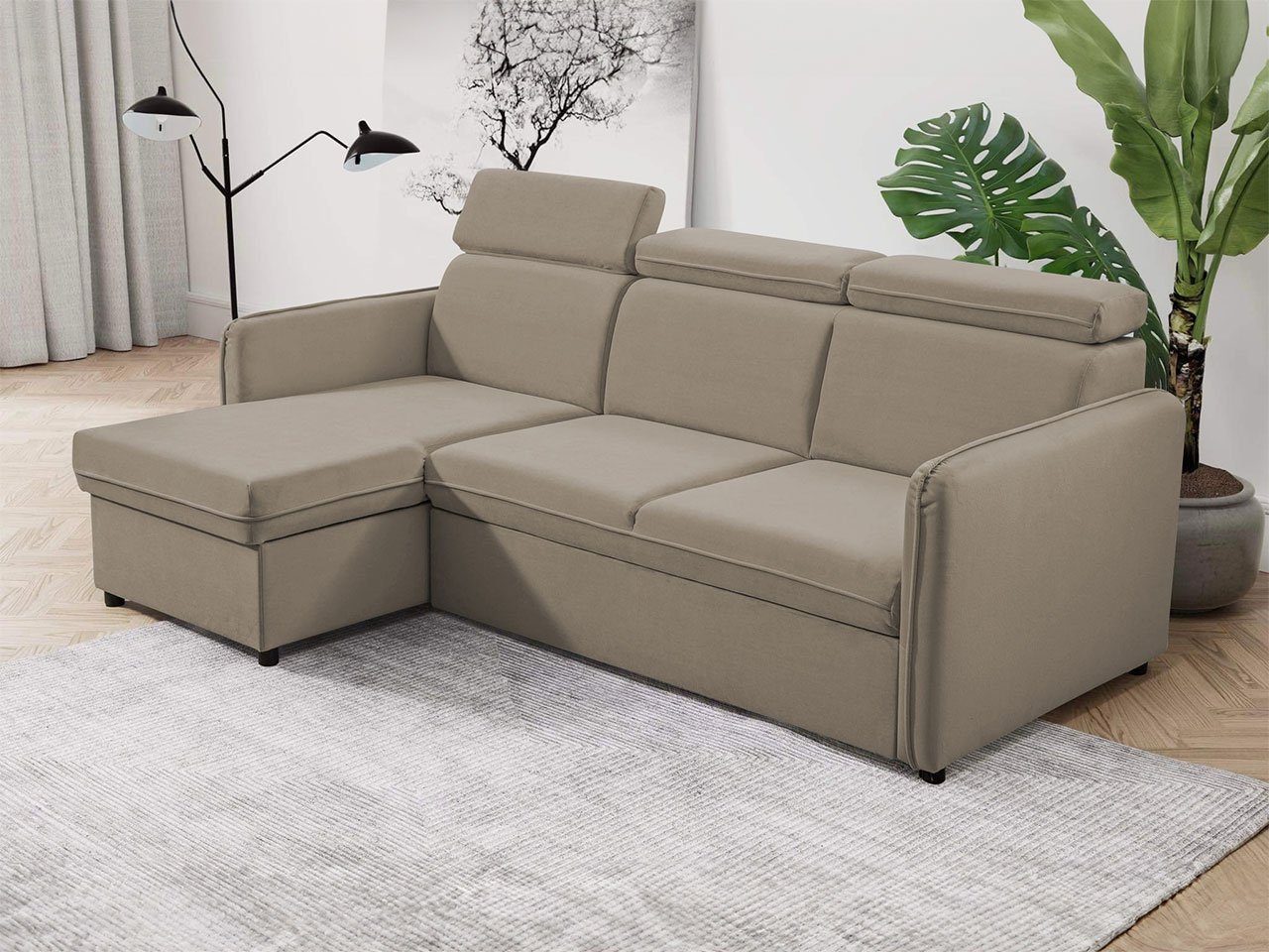 MIRJAN24 Ecksofa Barcelo Mini, mit Bettkasten und Schlaffunktion, Einstellbare Kopfstützen, 220x140x84-96 cm