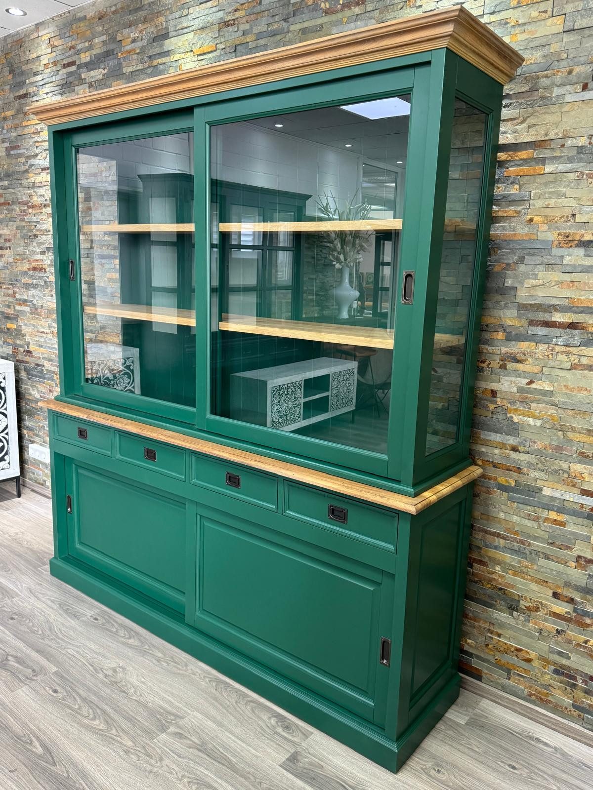 Wohnpalast Vitrine Vitrinen Schrank Neuss 200 cm grün/eiche - Buffet Schrank (2-St)