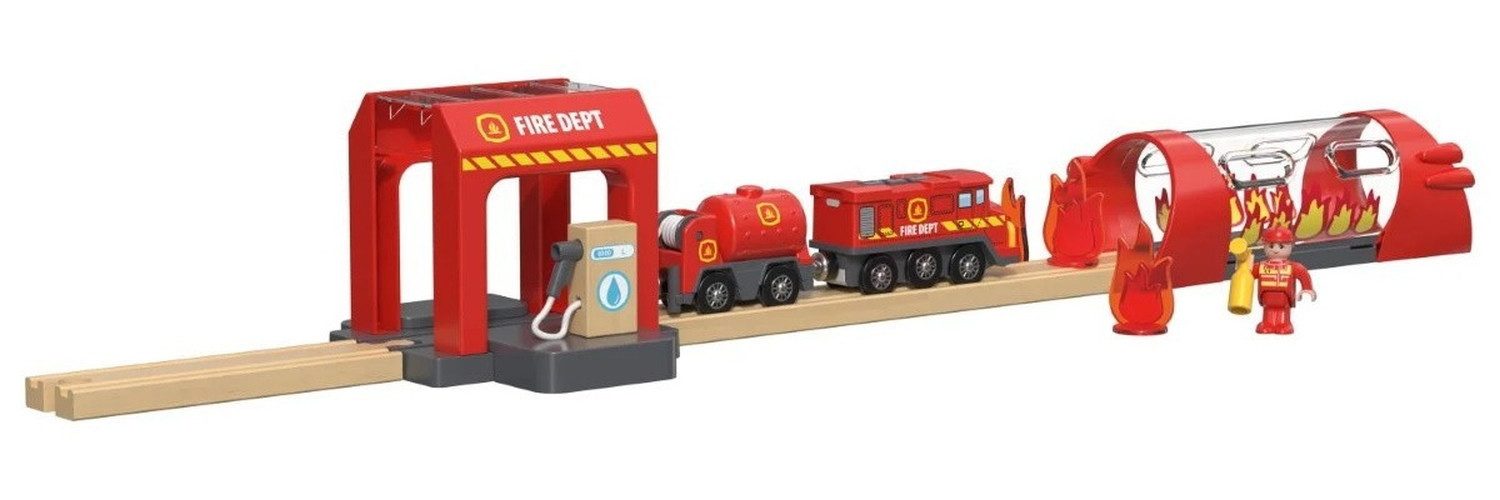 lupilu Spielzeug-Eisenbahn Eisenbahn Holz Spielzeug Batteriebetrieb Löschanhänge Feuerwehr-Set, (Spielset, 14-tlg., Feuerwehrstation, selbstfahrender Feuerwehrzug, Löschanhänger), Feuerwehr Zug Vor- Rückwärts- & Stoppfunktion