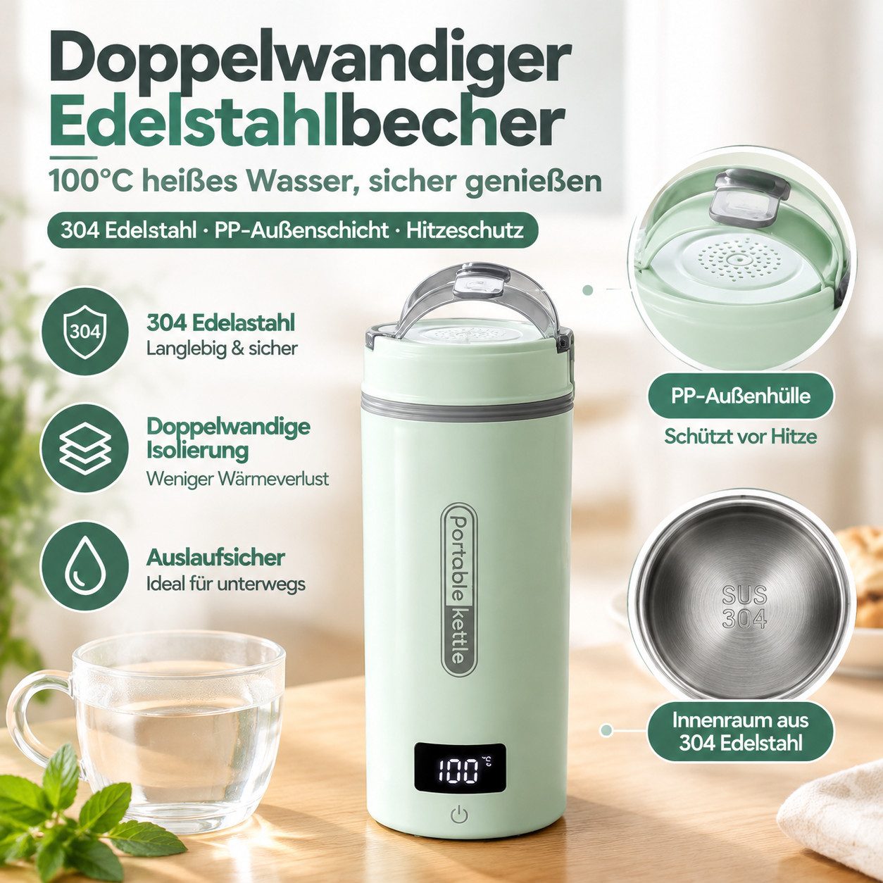 Fyrove Wasserkocher Mini Reisewasserkocher 400ml mit Temperaturanzeige, 304 Edelstahl, 300 W – Bild 3 von 5