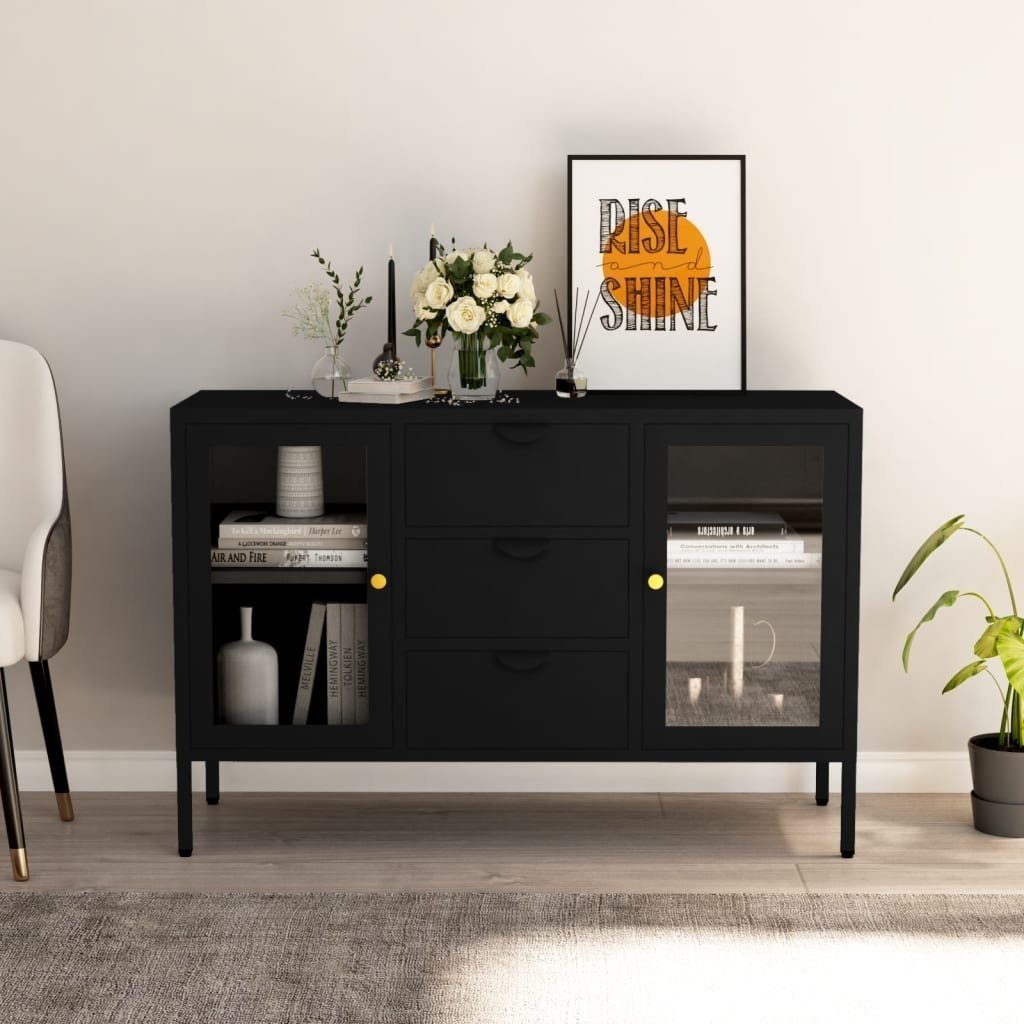 vidaXL Sideboard aus Metall in Schwarz mit 3 Schubladen und 2 Türen (B/H/T 105 x 70 x 35 cm)