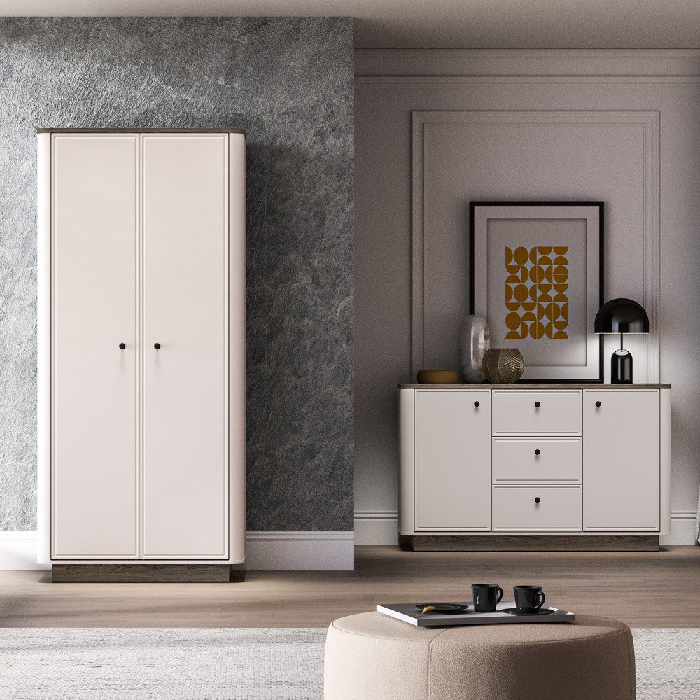 Lomadox Schlafzimmer-Set VEJANO-131, (Spar-Set, 2-tlg., Kleiderschrank Sideboard), Beige mit Eiche modern abgerundet Softclose