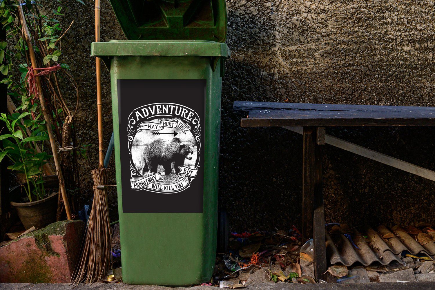 Zitat Tiere MuchoWow - Wandsticker Abfalbehälter - Container, Sticker, (1 - St), Bär Retro Mülleimer-aufkleber, Mülltonne,