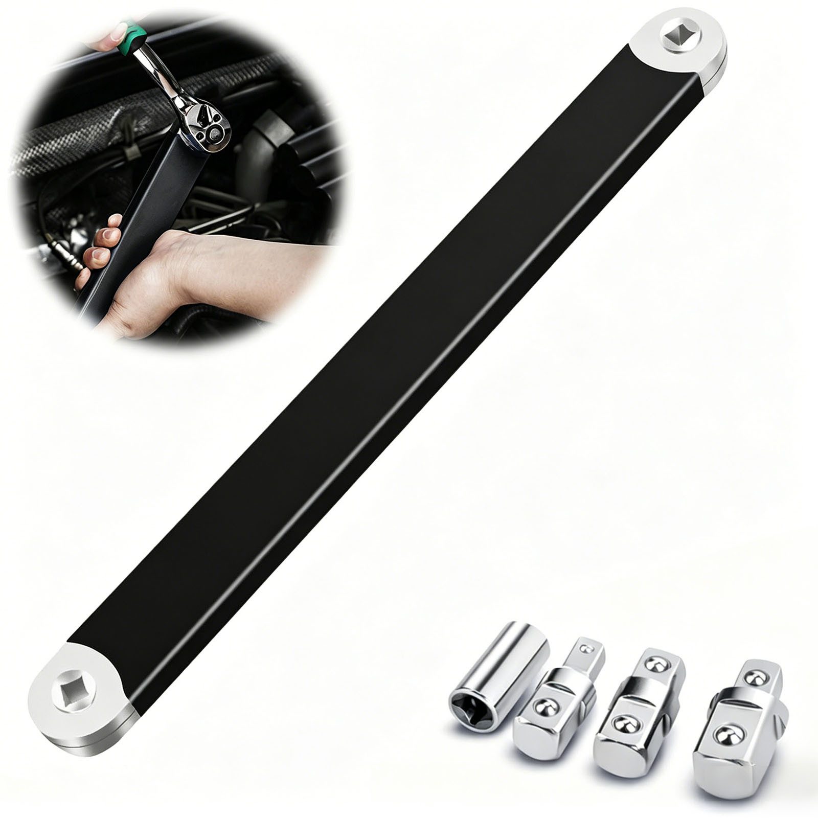 JOYOLEDER Drehmomentschlüssel Offset Extension Wrench Set, Offset Verlängerungsschlüssel – 39cm (15 Zoll) Ratschenverlängerung mit Kettenantrieb –, Inkl. 1/4", 3/8" & 1/2" Adapter), -Torque für Engstellen im KFZ-Motorraum