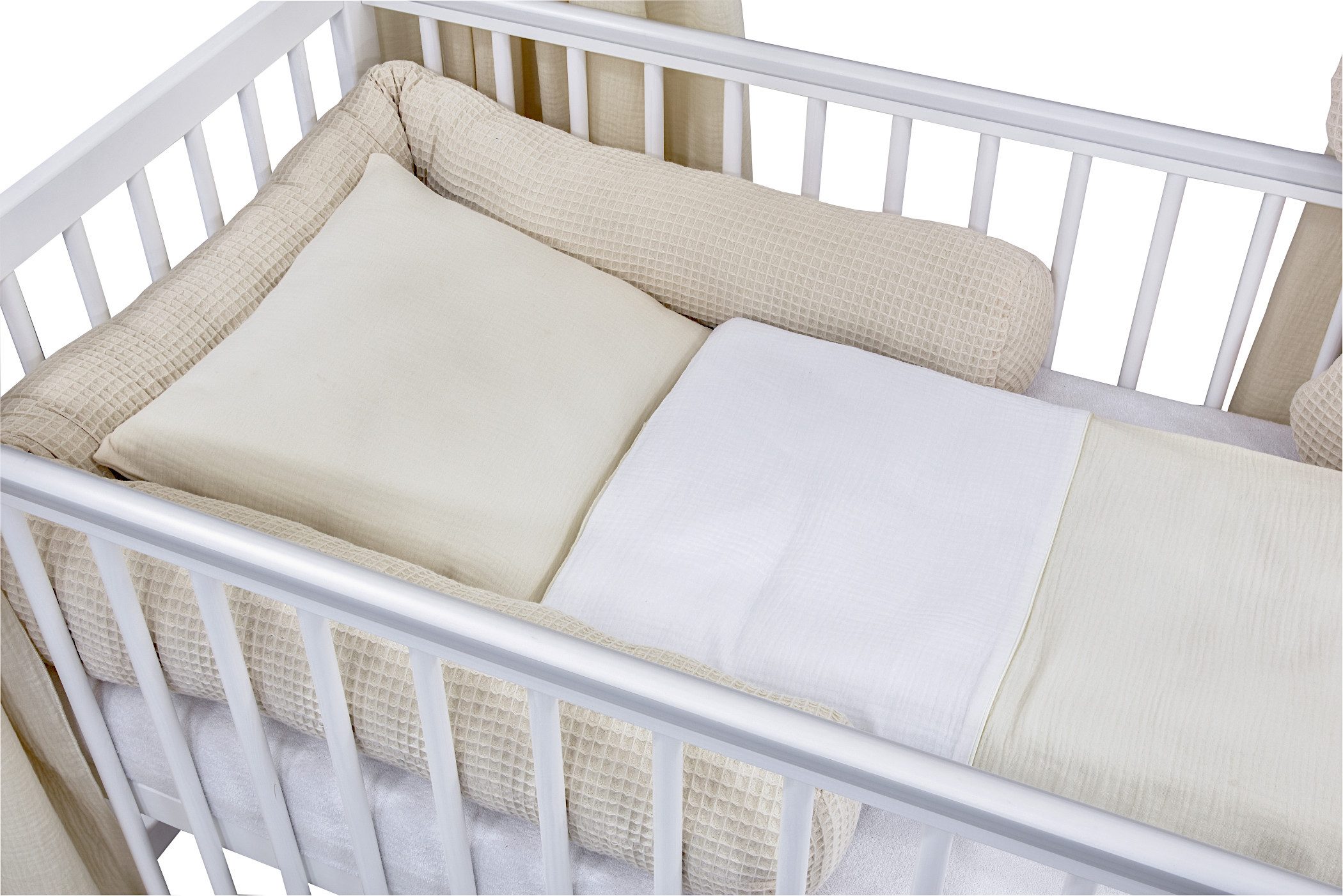 Baby-Delux Komplettbett Hausbett Babybett Komplettset Waffelpique Musselin, 12-tlg., Kinderbett 60x120 cm weiß, Bettset verschiedene Designs