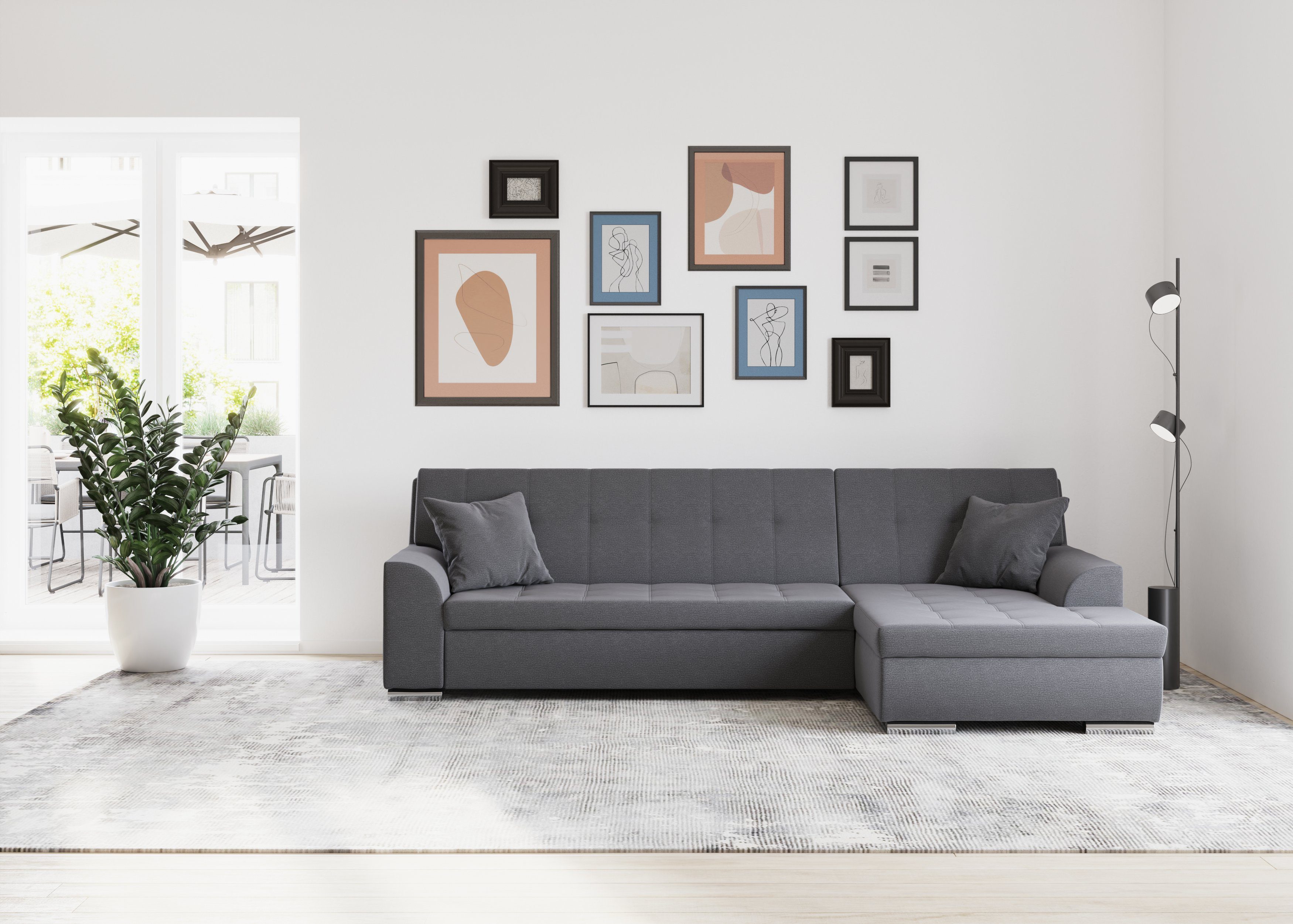 DOMO collection Ecksofa Treviso viele Bezüge, auch in Cord, L-Form, B/T/H: 267/80/83 cm, mit Bettfunktion, inkl. Zierkissen, Unser Dauertiefpreis