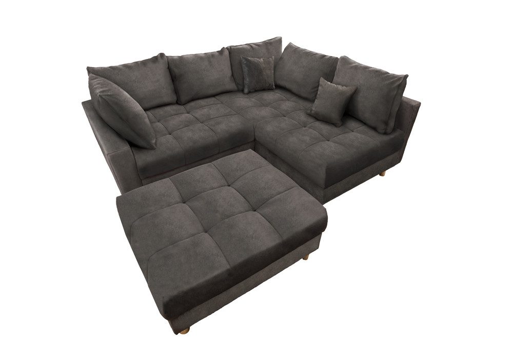 riess-ambiente Ecksofa KENT 220cm grau - Samt, L-Form, Federkern, Hocker & Kissen, Set 2 Teile, Wohnlandschaft in Familiengröße - ideales Design fürs Wohnzimmer