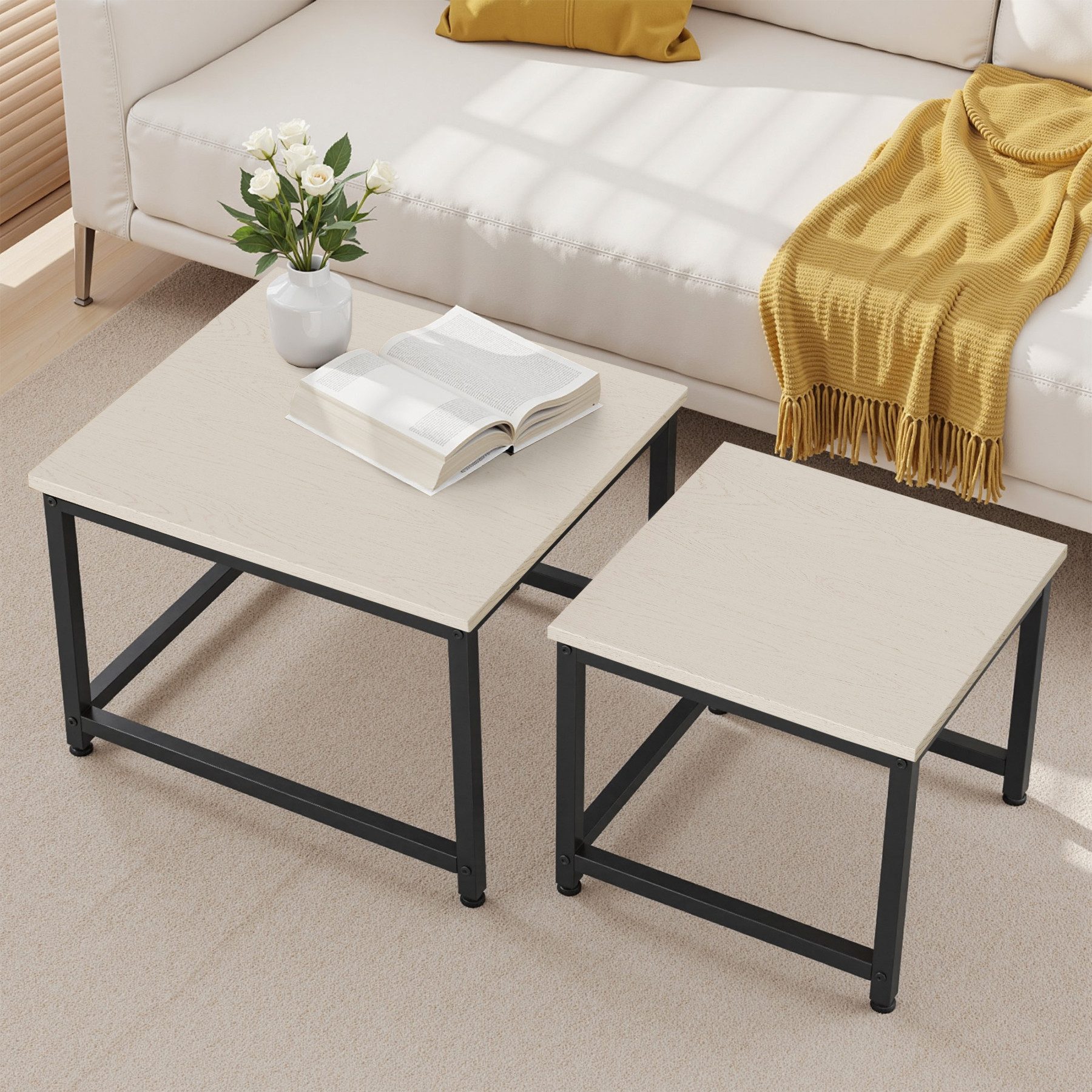 HawthyHome Couchtisch 2er-Set quadratischer Wohnzimmertisch aus Holz mit Metallgestell (2-St), moderner Beistelltisch für Wohnzimmer und Schlafzimmer, platzsparend