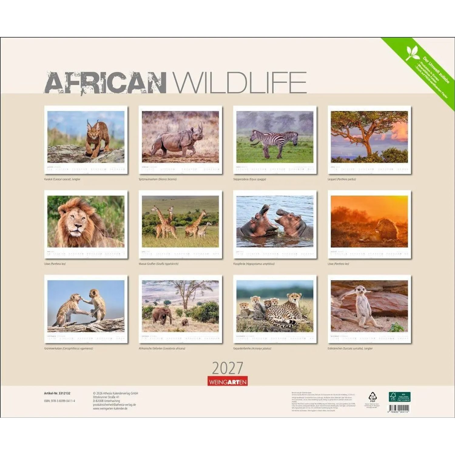 Wandkalender African Wildlife Kalender 2027 – Bild 2 von 5